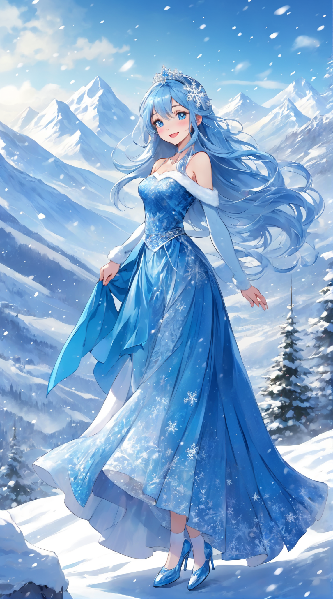 雪山风景蓝色纱裙的美丽公主