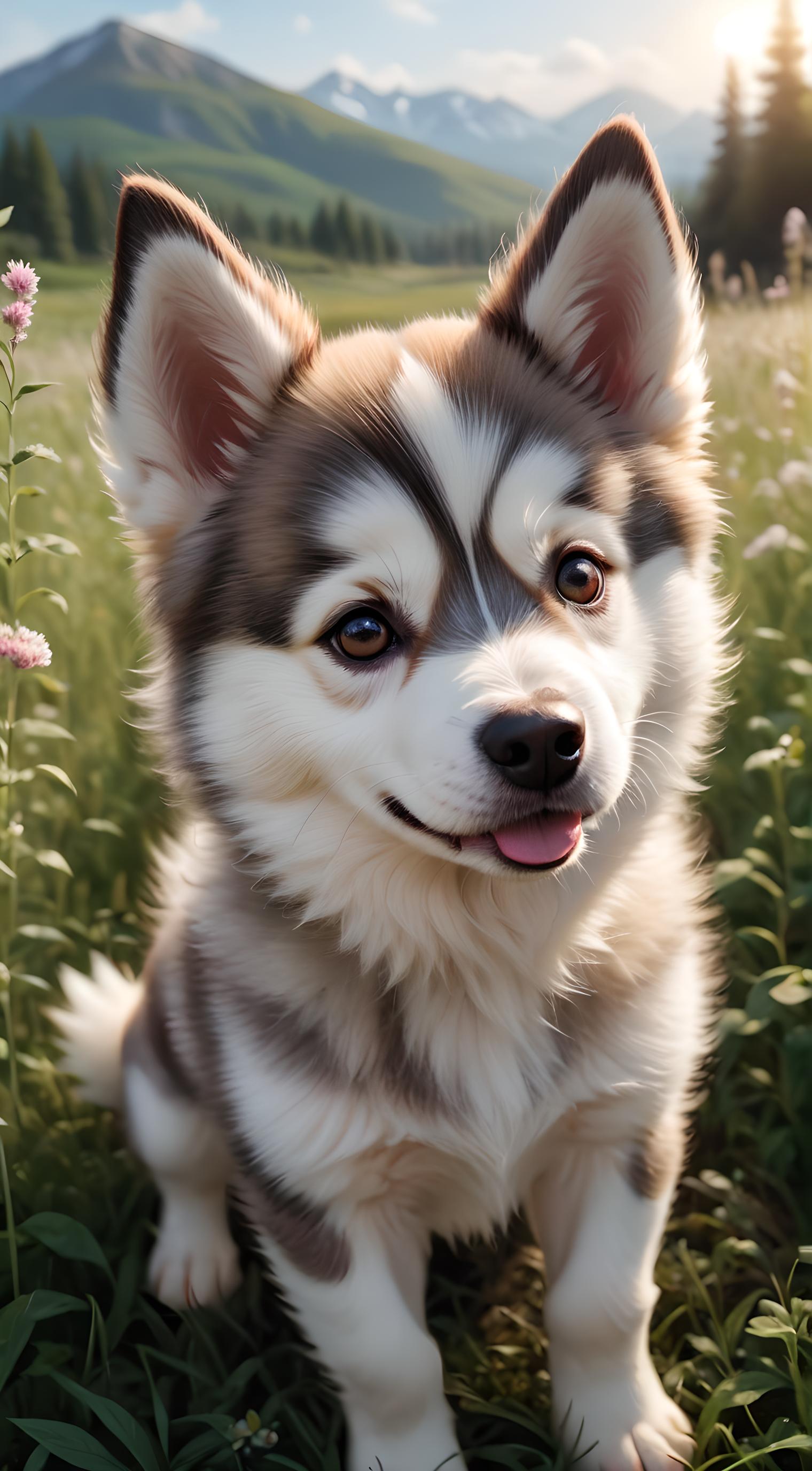 动物 可爱 哈士奇犬  草地 森林 野花