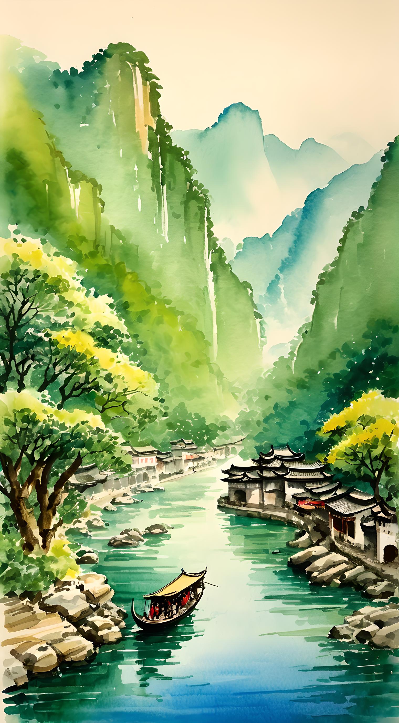 咒语(Prompt): 浙西山景，山水背