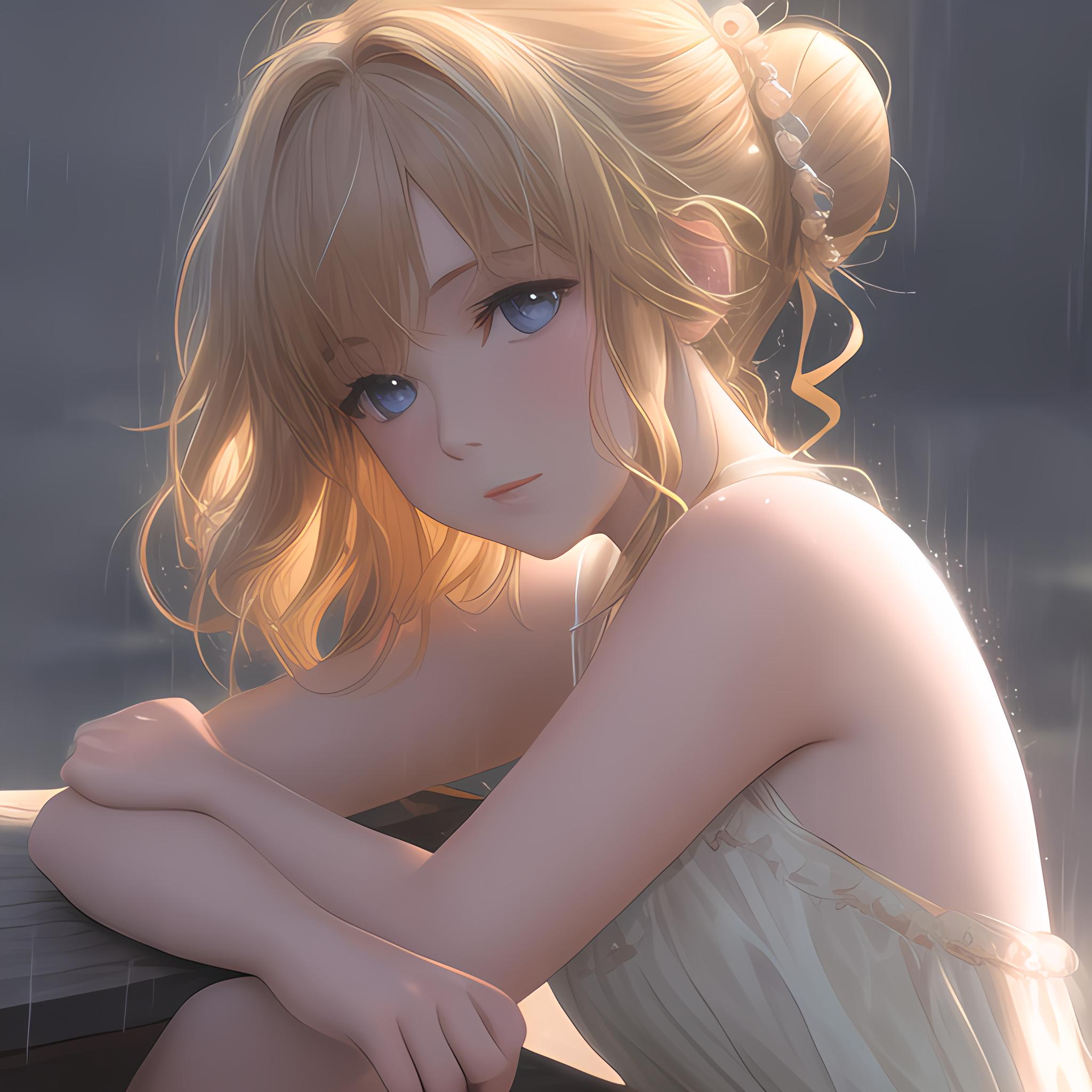 阳光下的雨中少女