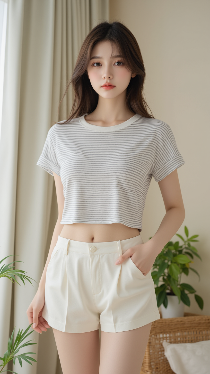 横条纹 T恤上衣的女孩
