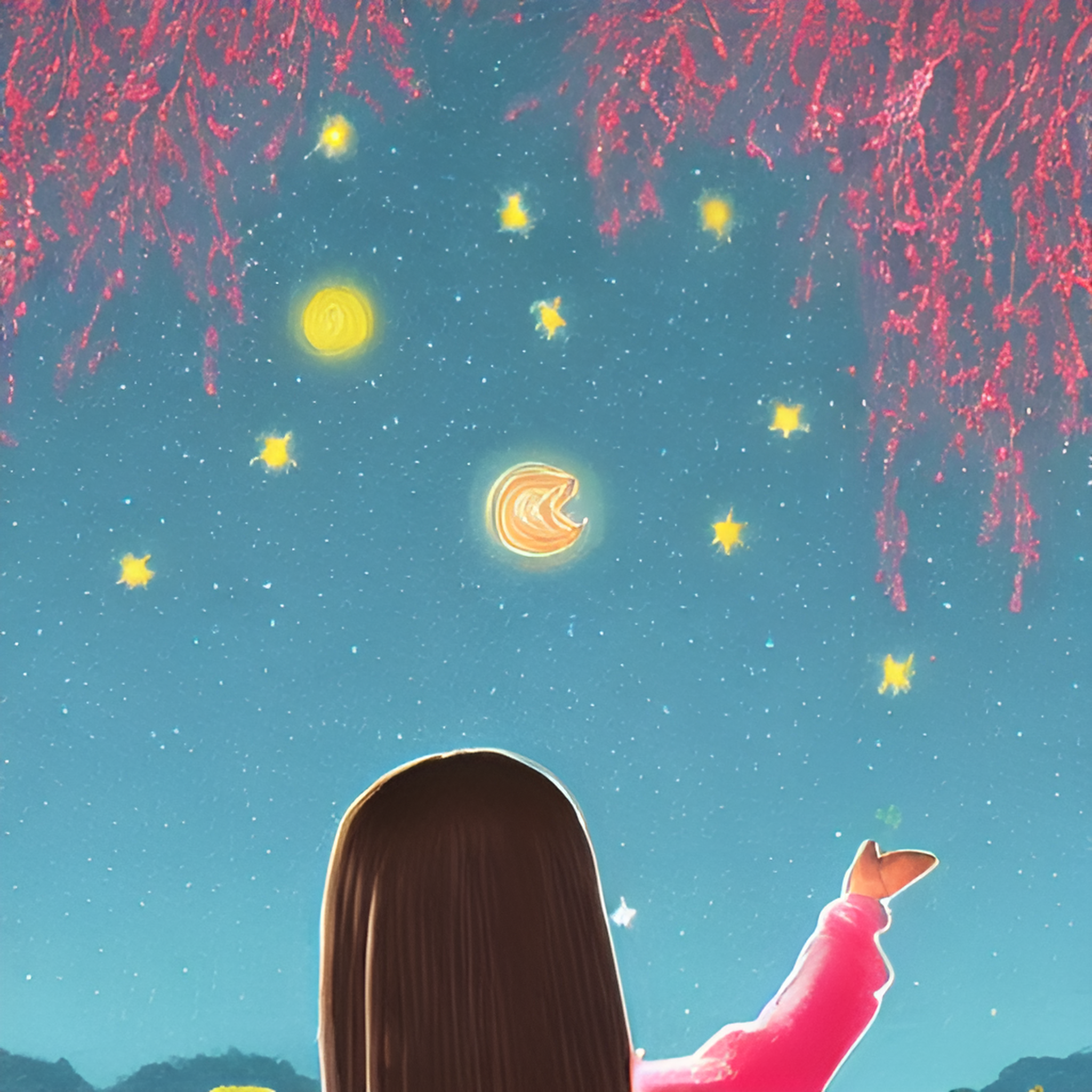 少女、星空、樱花