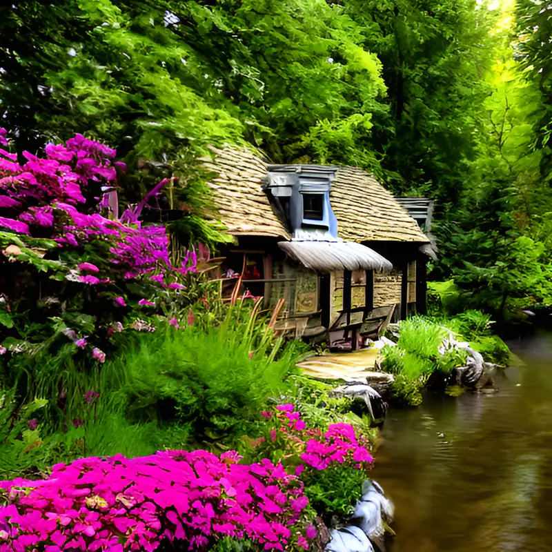 美丽的风景，小草屋，美丽的花朵，树，流水