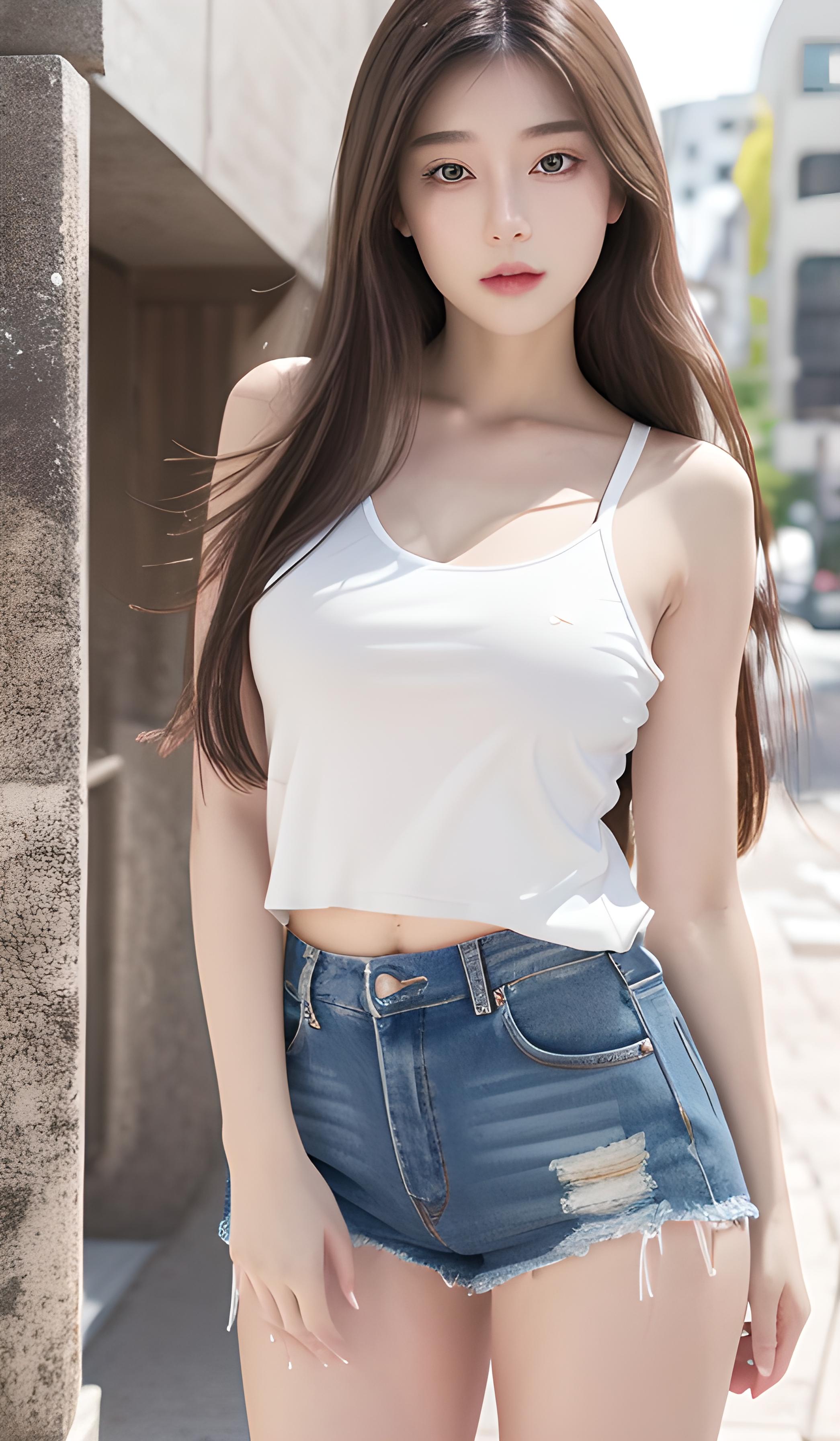 长发短裤美女街拍