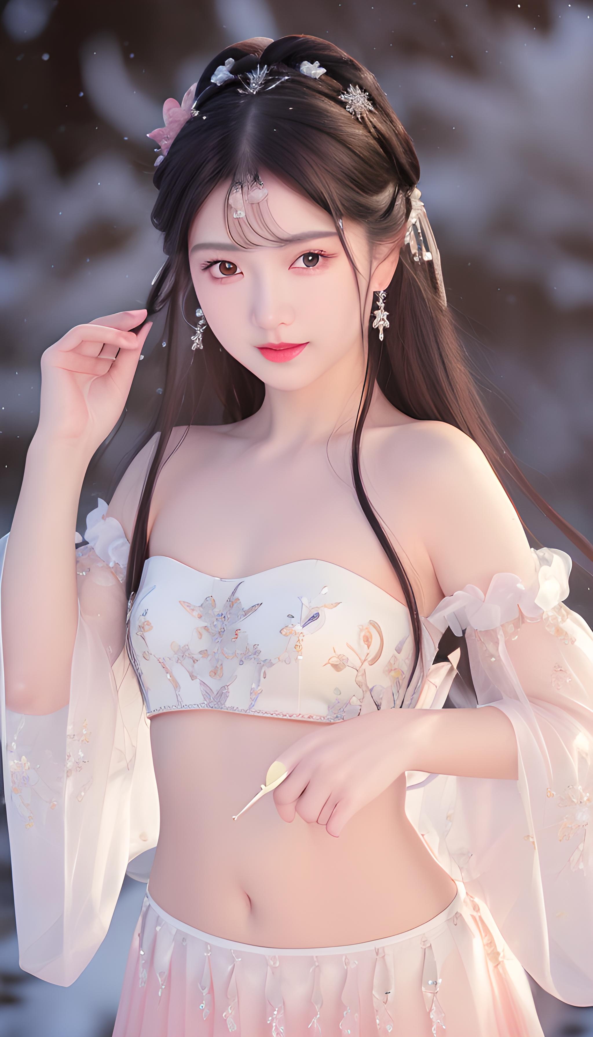 冰雪玉肌素白轻纱抹胸无肩带汉服