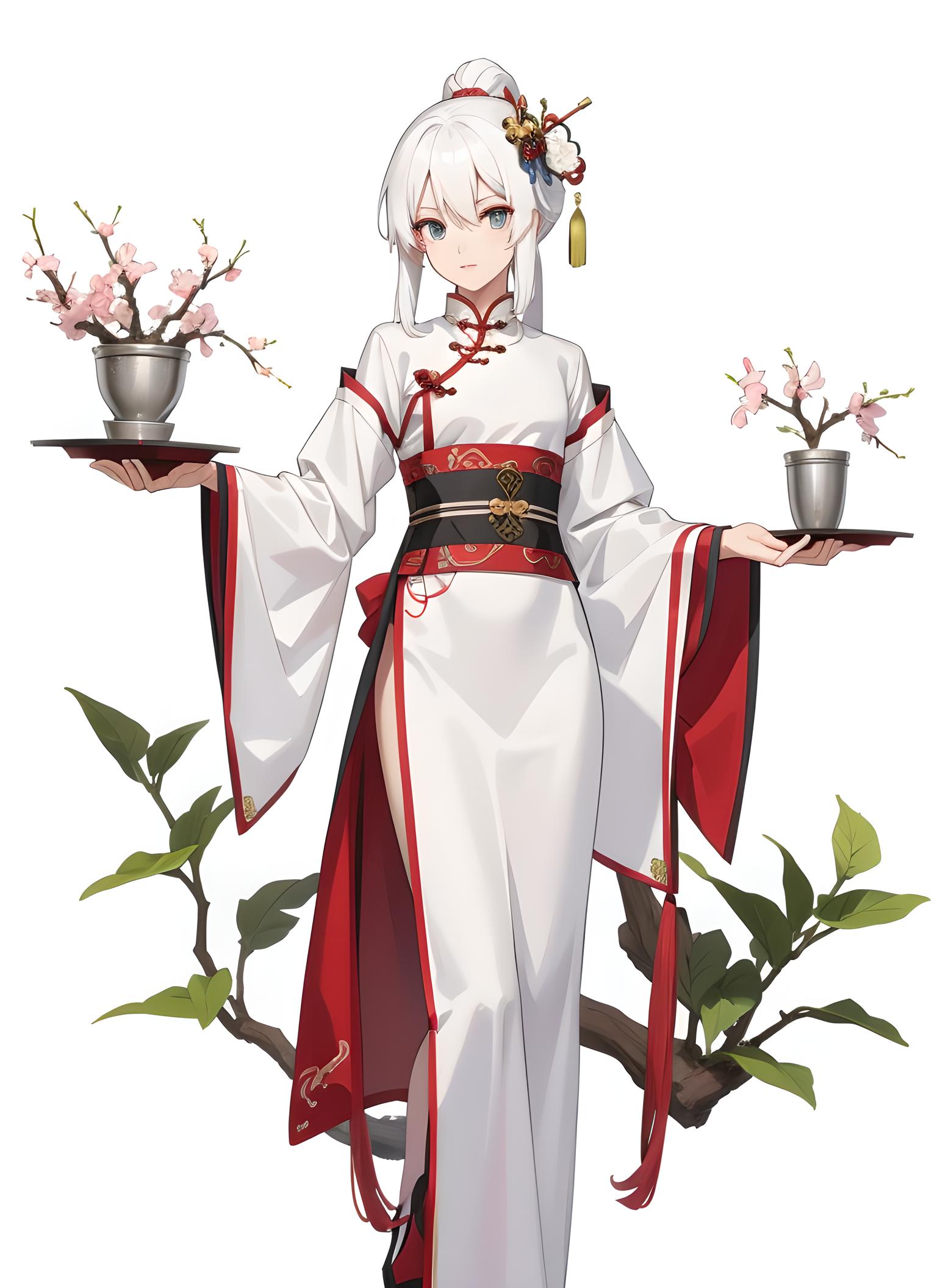 古装少女白发举着两盆樱花草