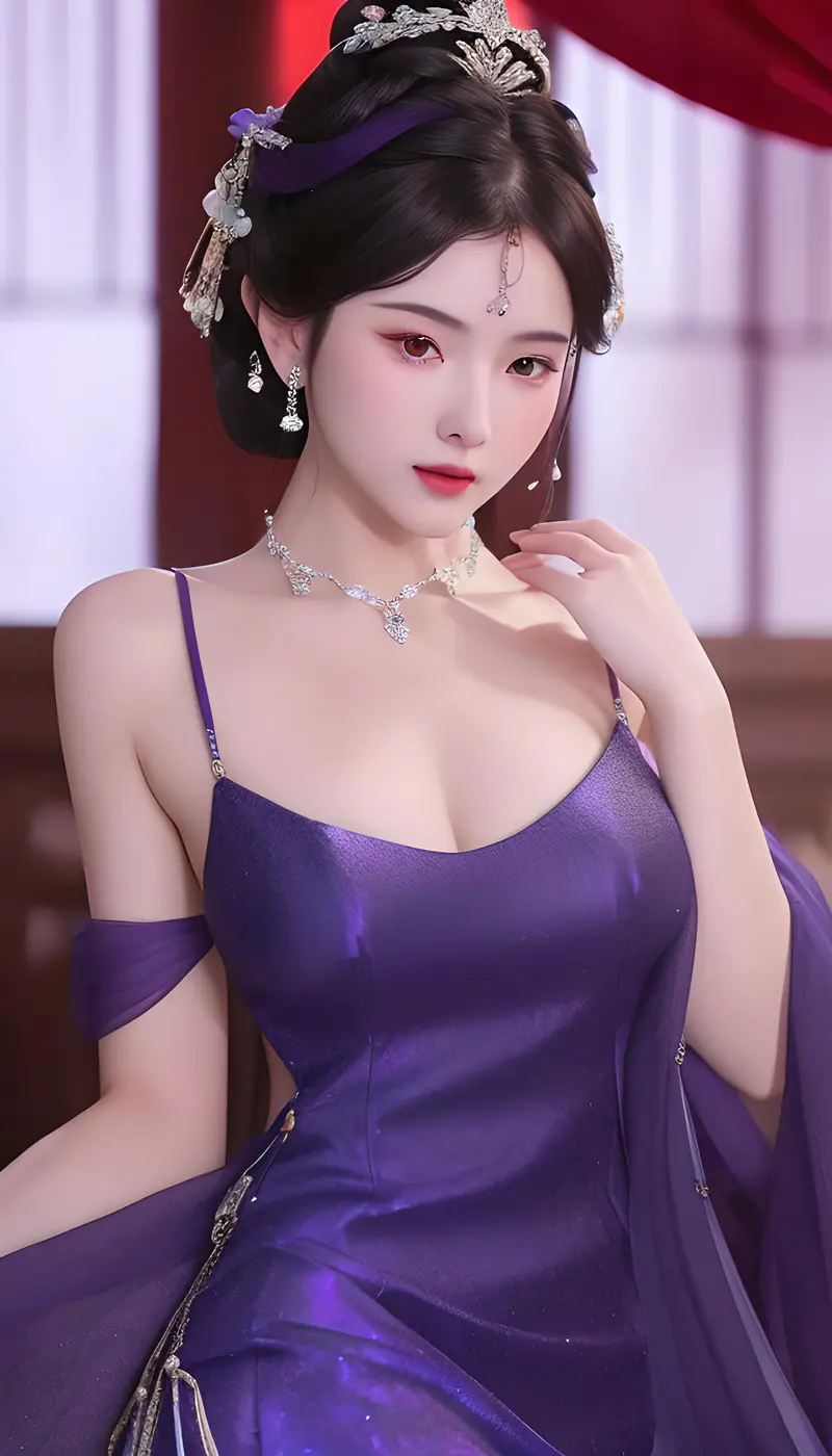 皇家贵紫华丽丝绸吊肩礼裙