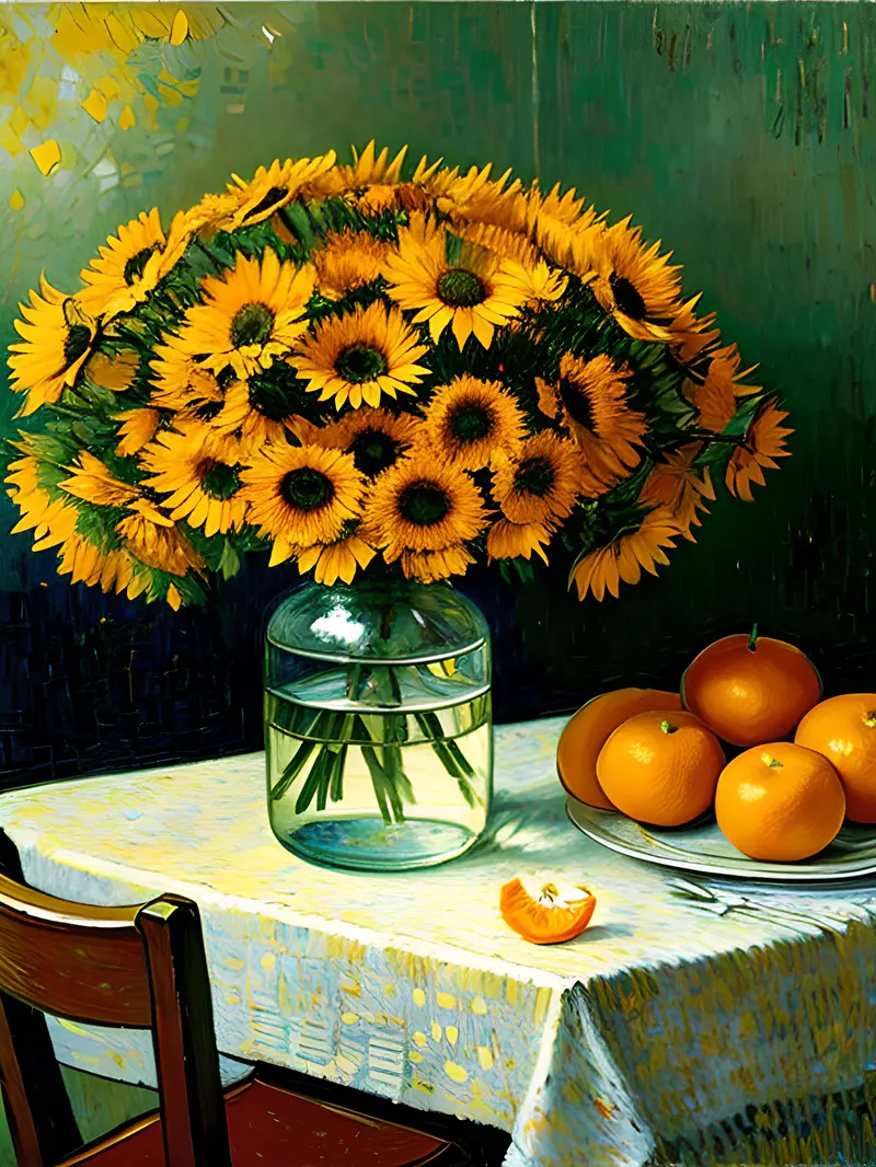 油画——向日葵与橘子