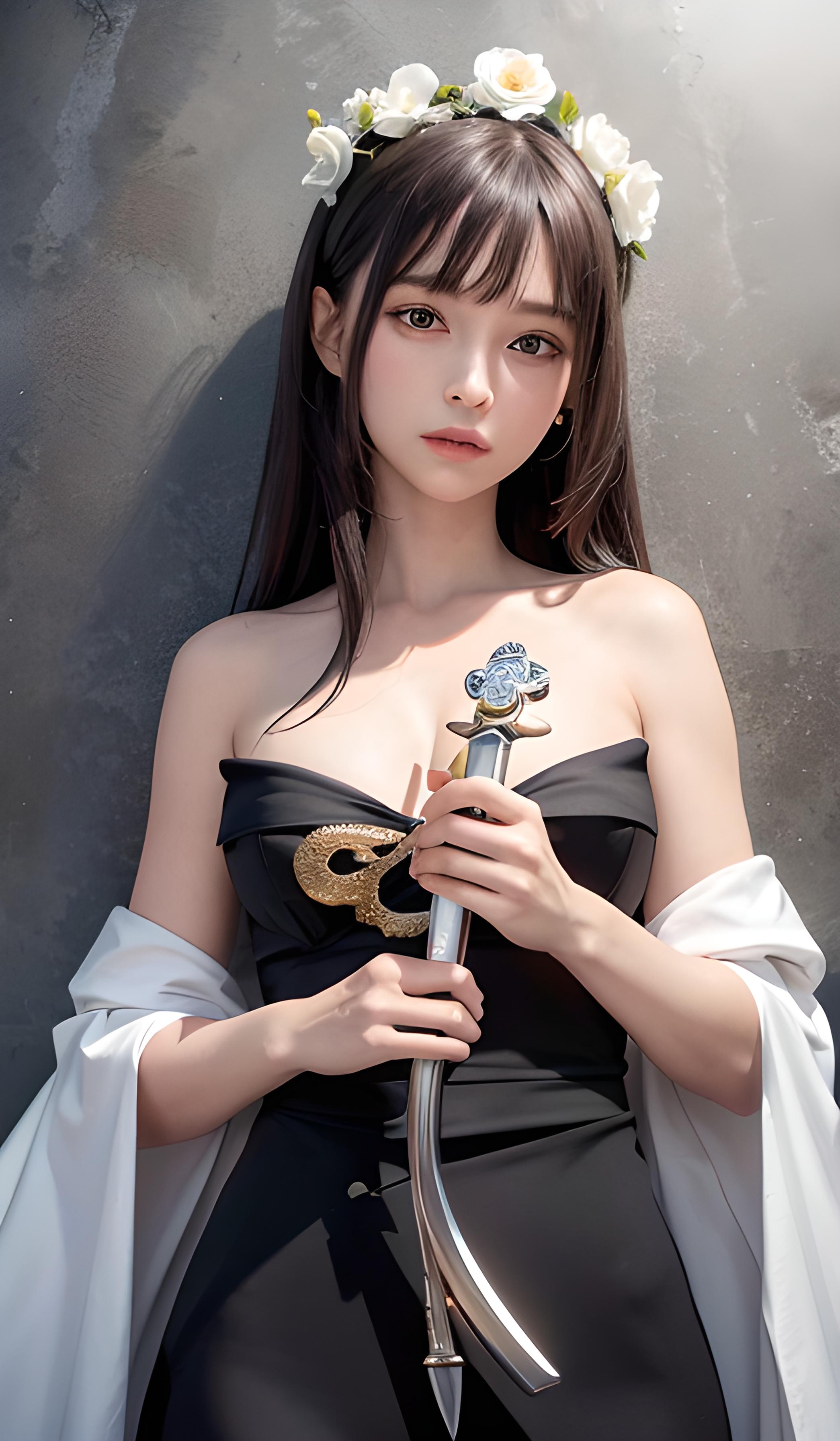 头戴花环少女