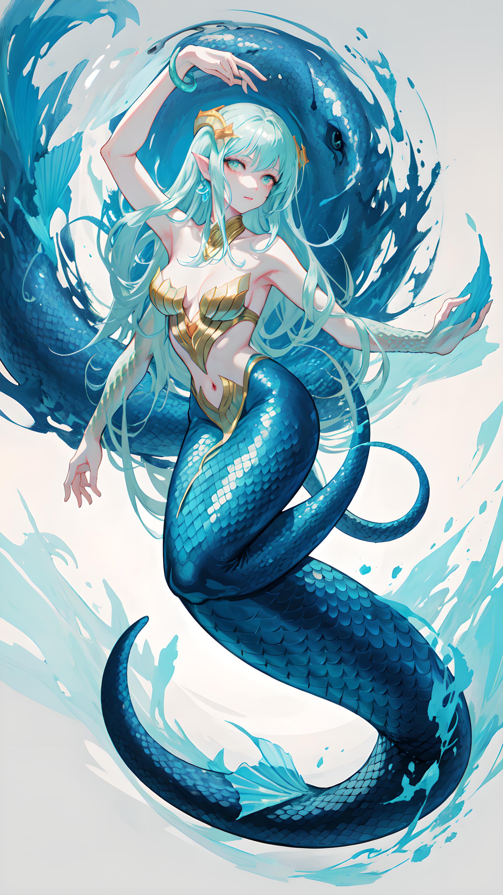 蓝色系，海妖，蛇女女妖女子