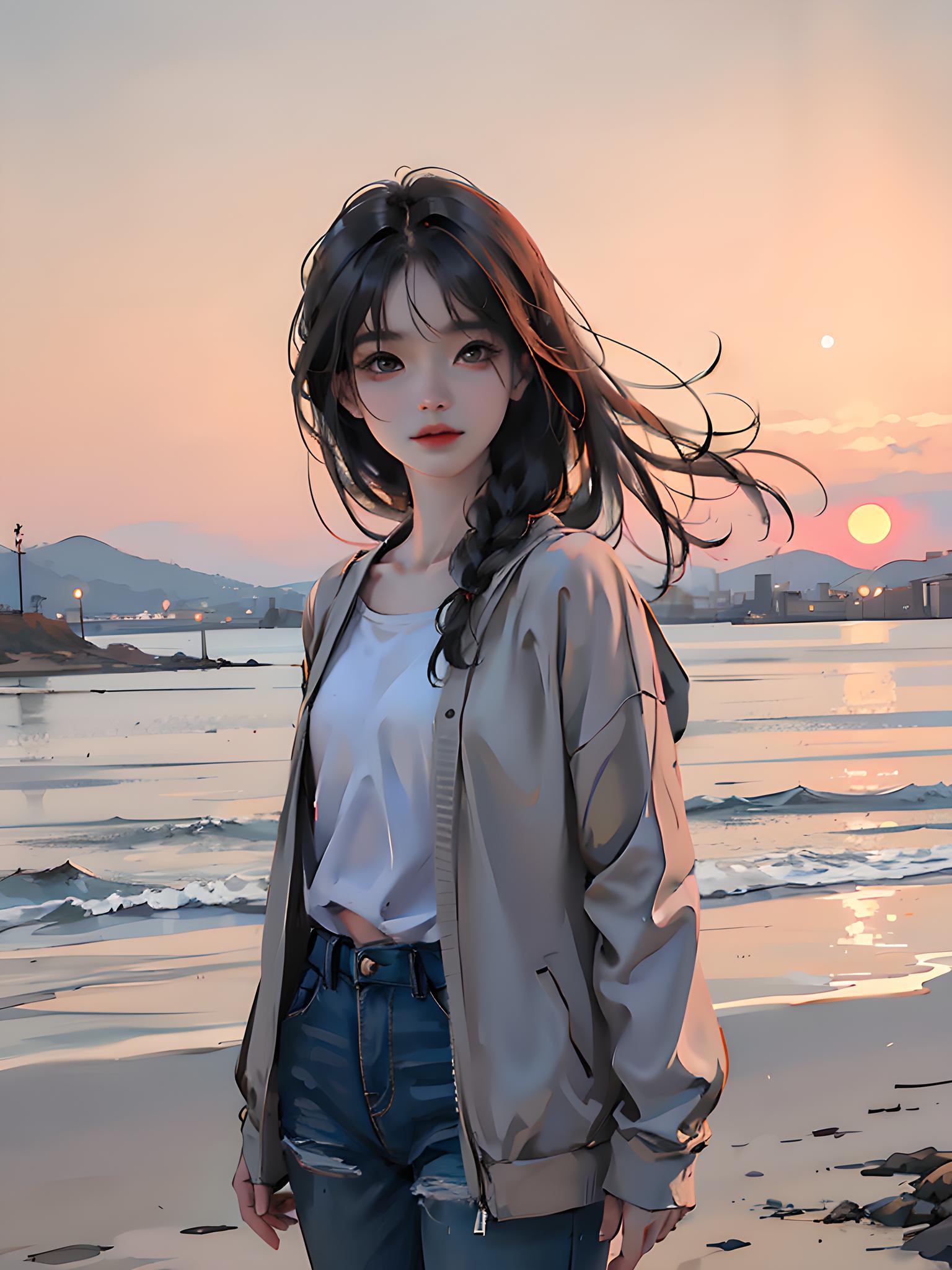 夕阳下的美女