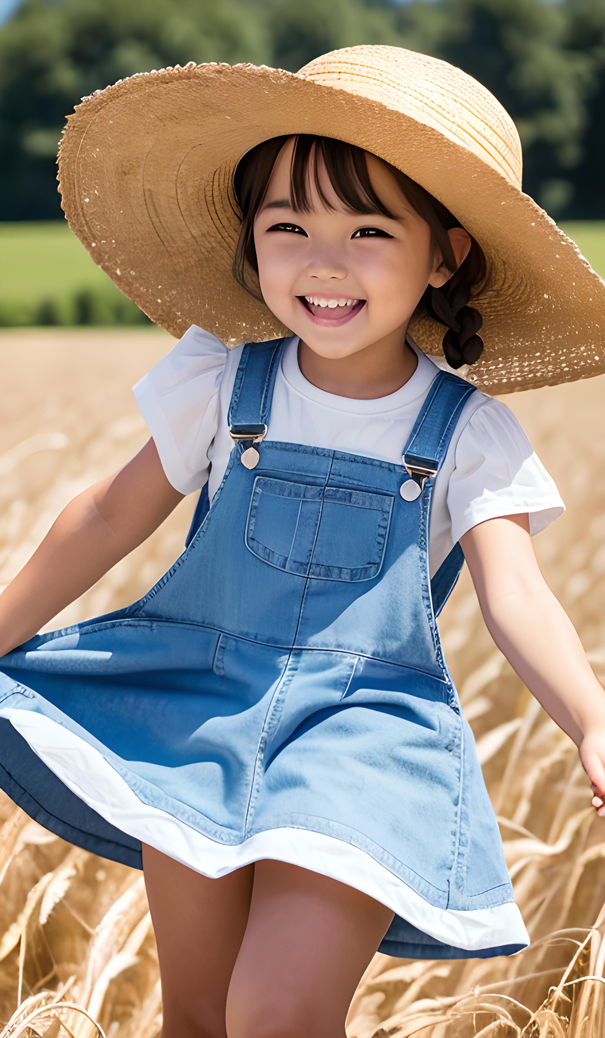 一个女孩开心的笑着走在麦田里