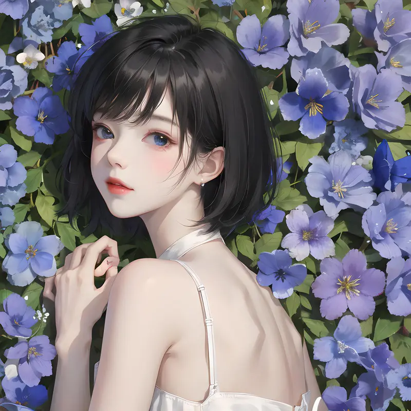 短发女孩与蓝色的花