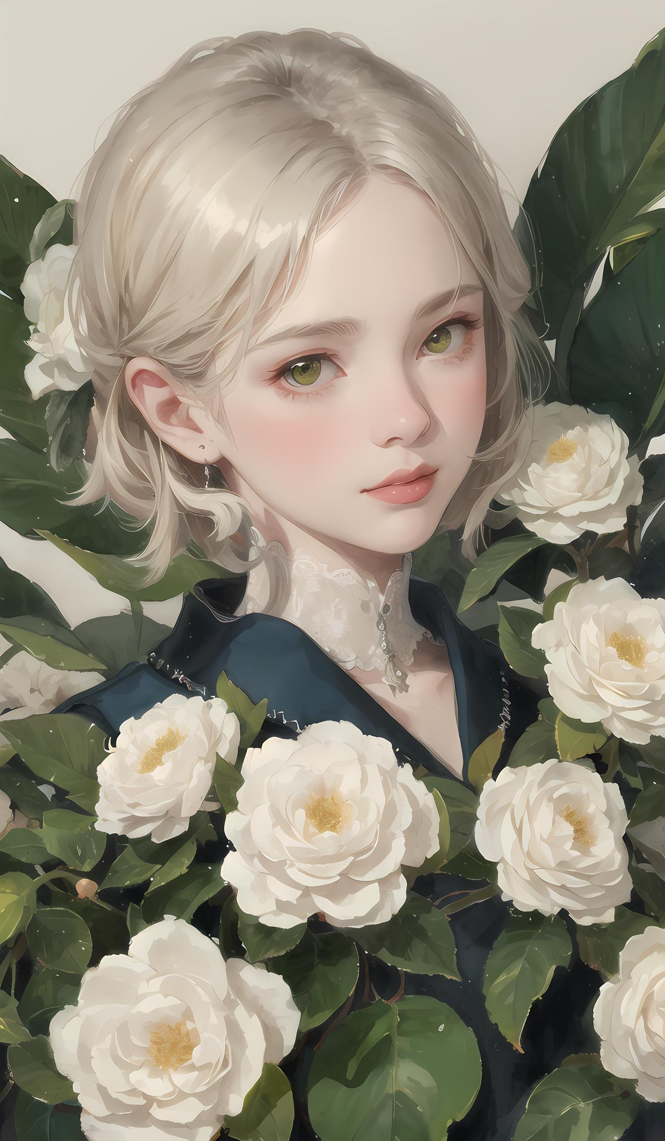 少女与白色山茶花