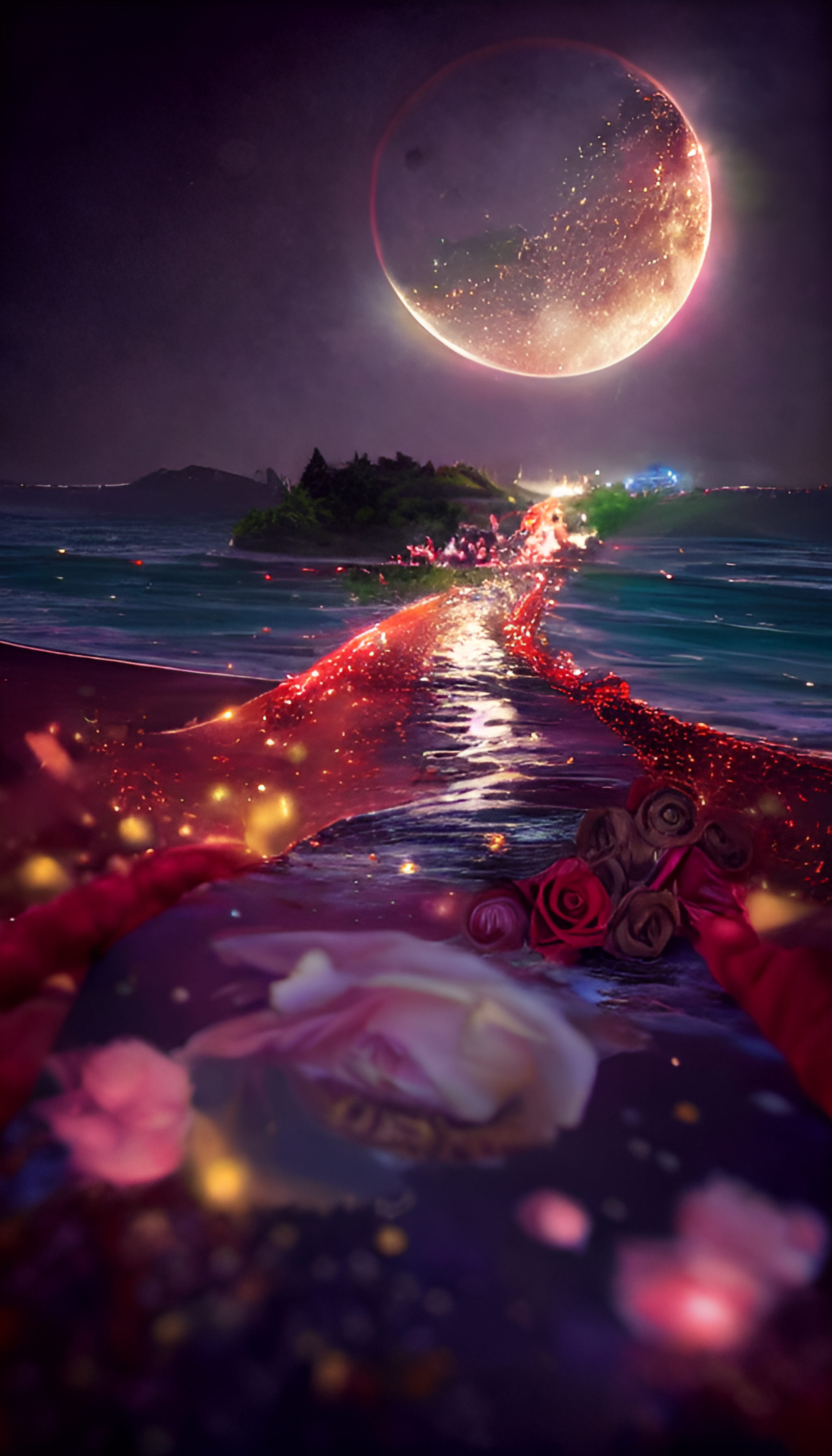 星空，玫瑰花，月亮