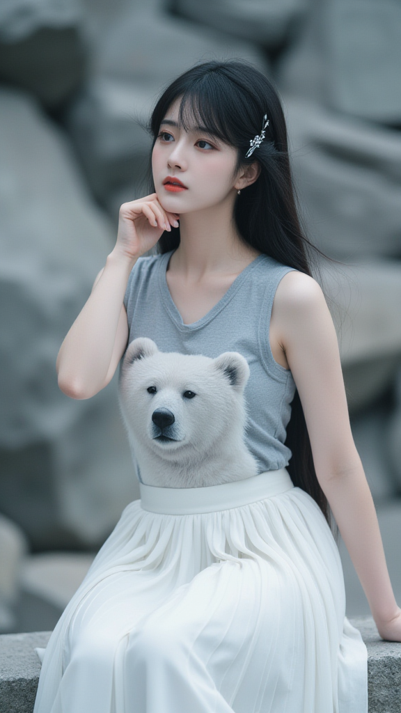 小熊图案 3D 立体印花 T恤衫女孩