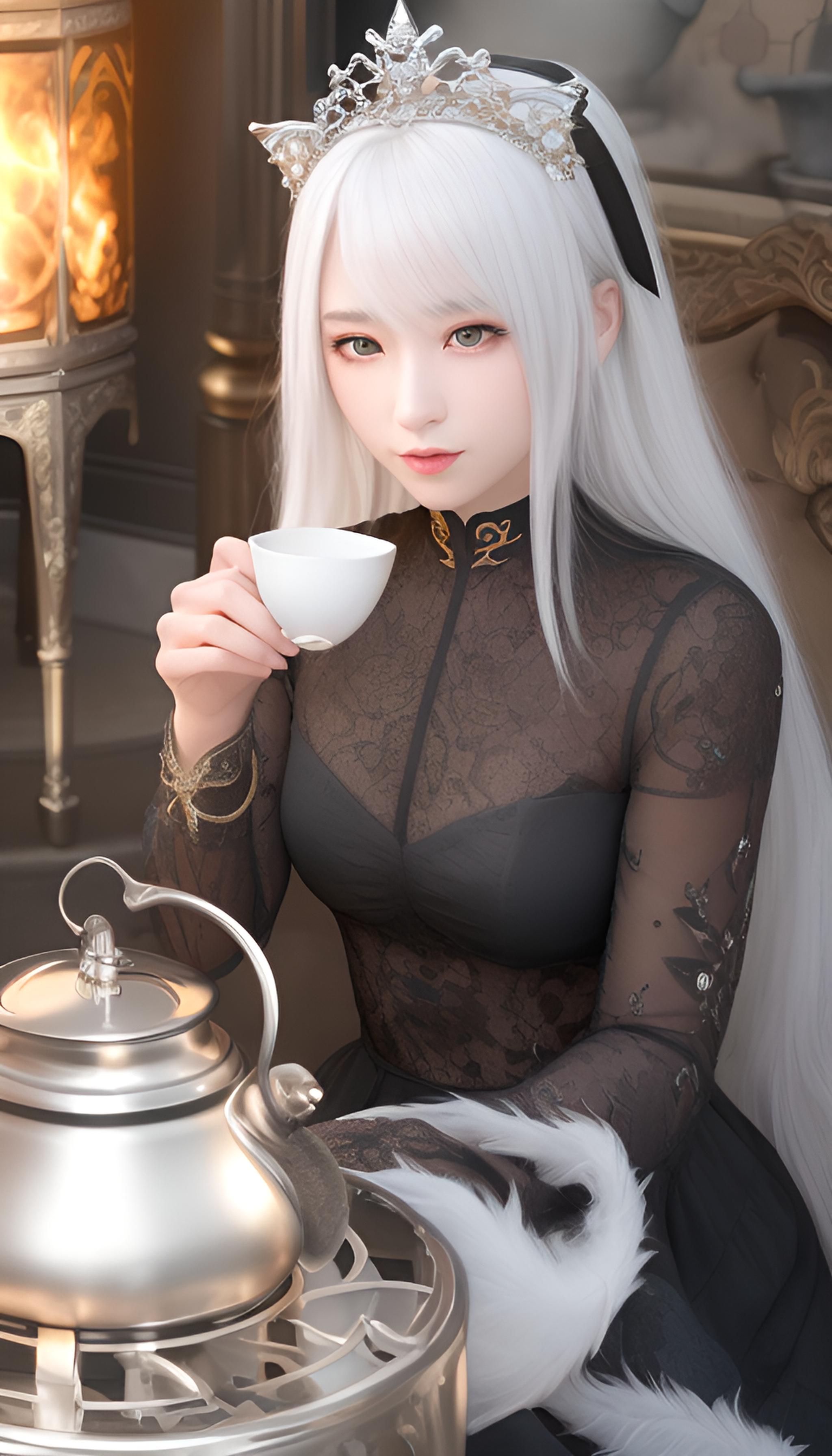 少女饮茶