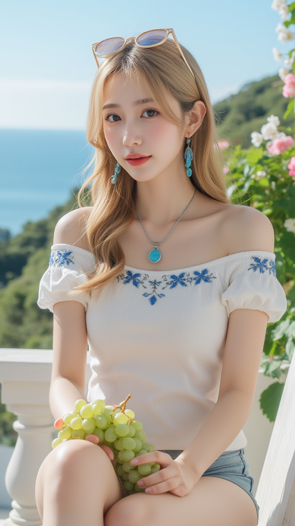 海滨阳台上的优雅女子