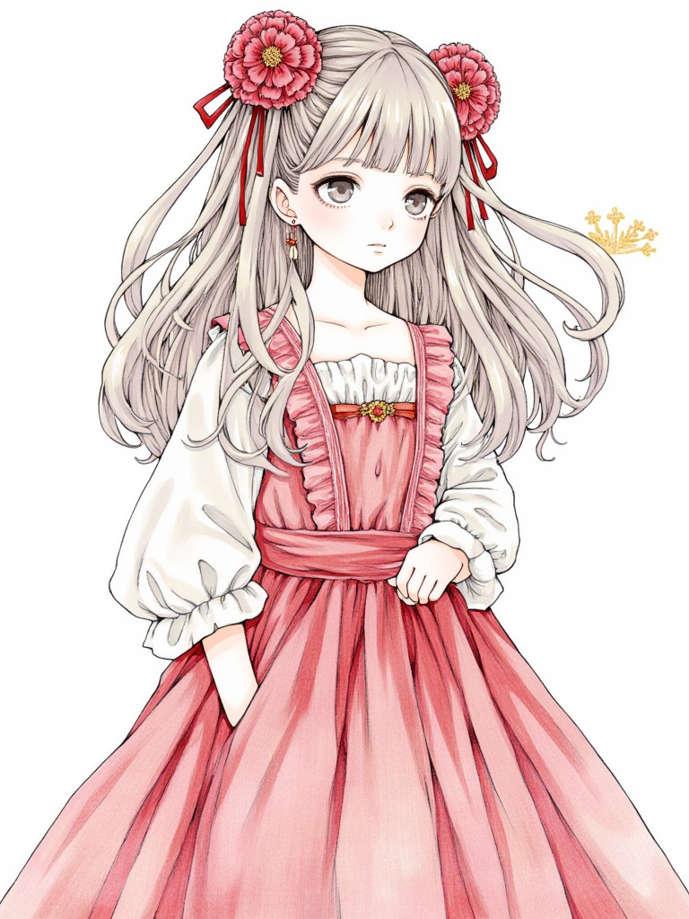 红裙子小女孩_马克水彩