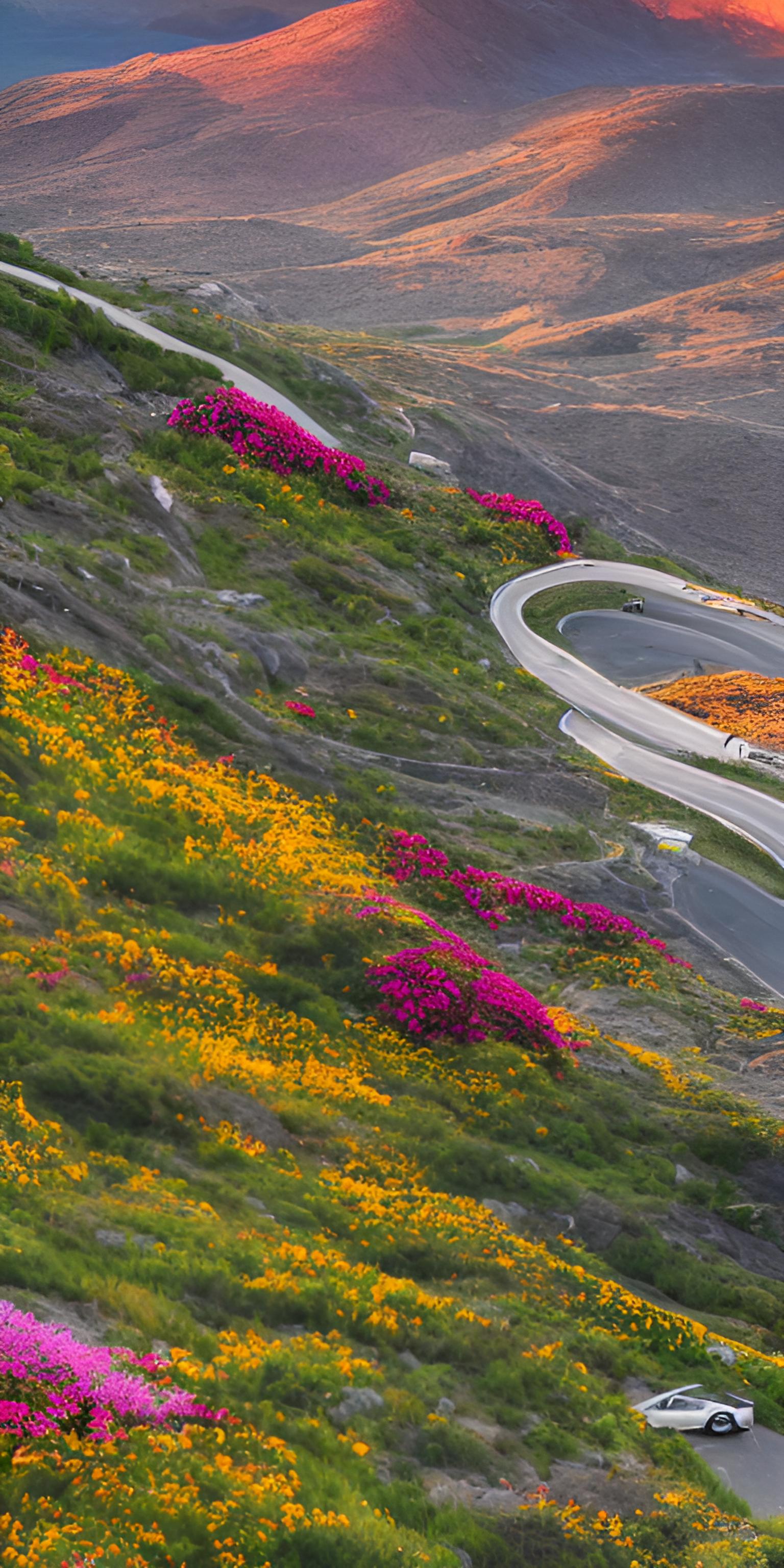 豪车，山顶夕阳鲜花