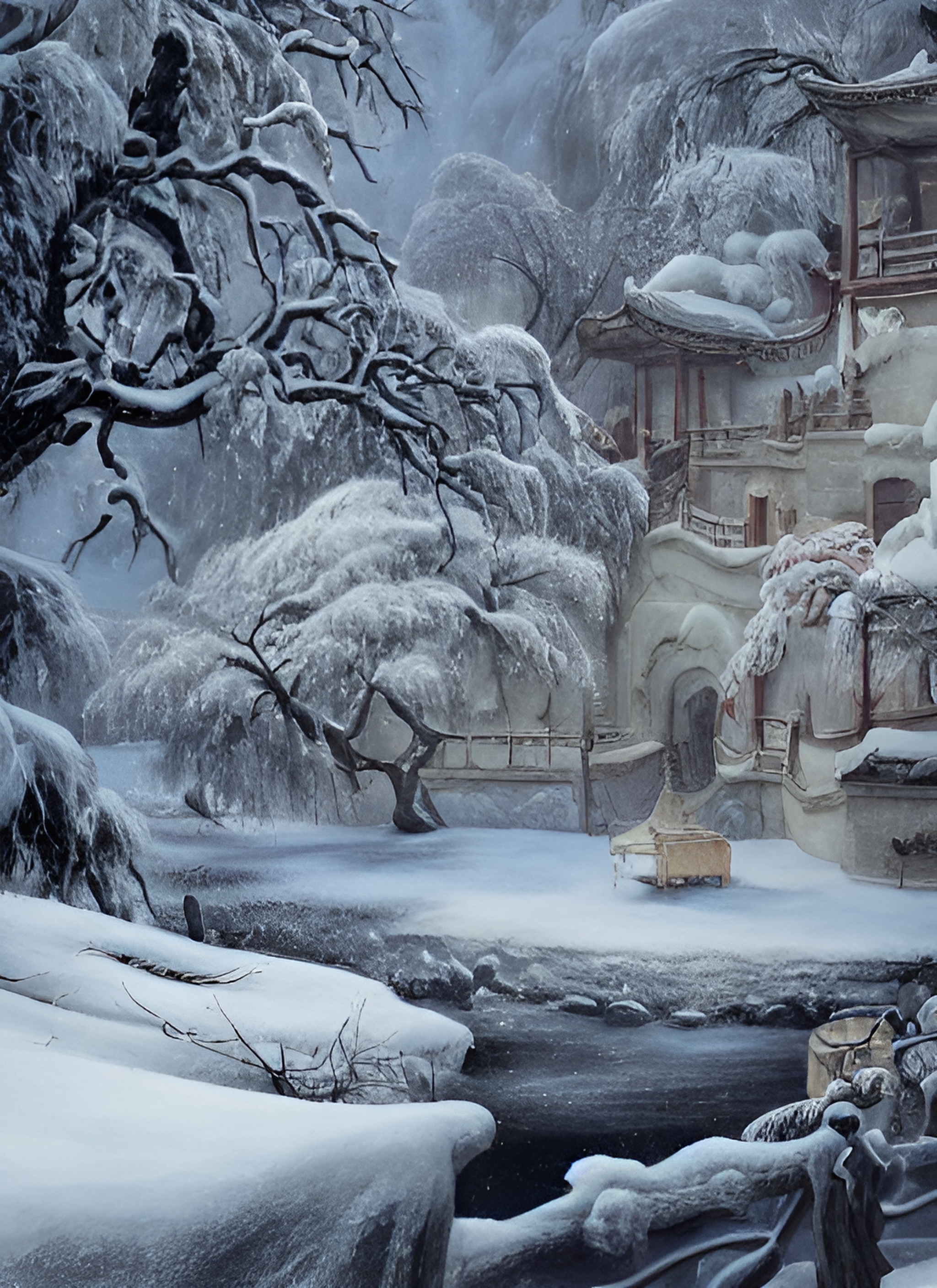 下雪。