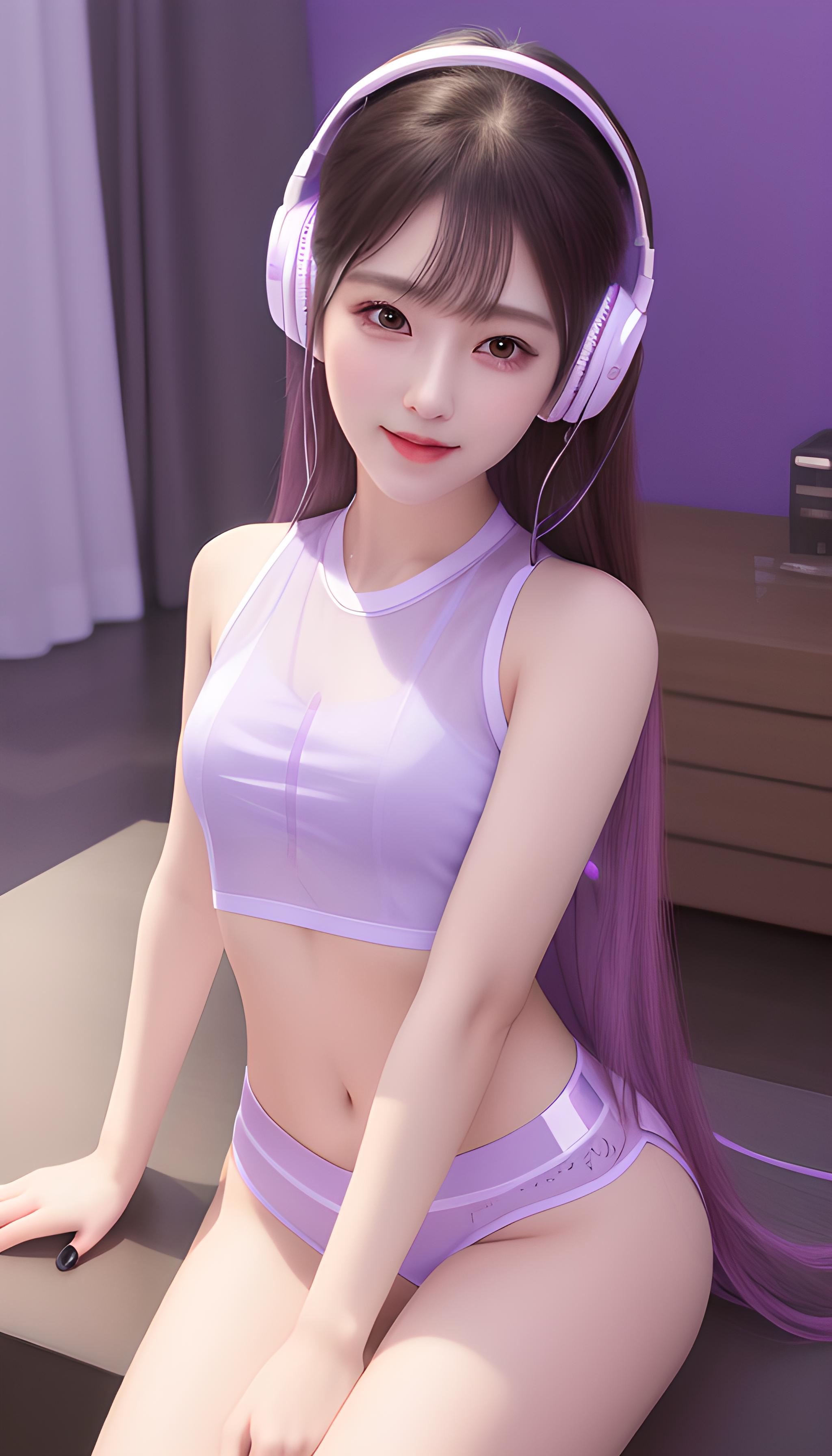 带耳机的紫色少女