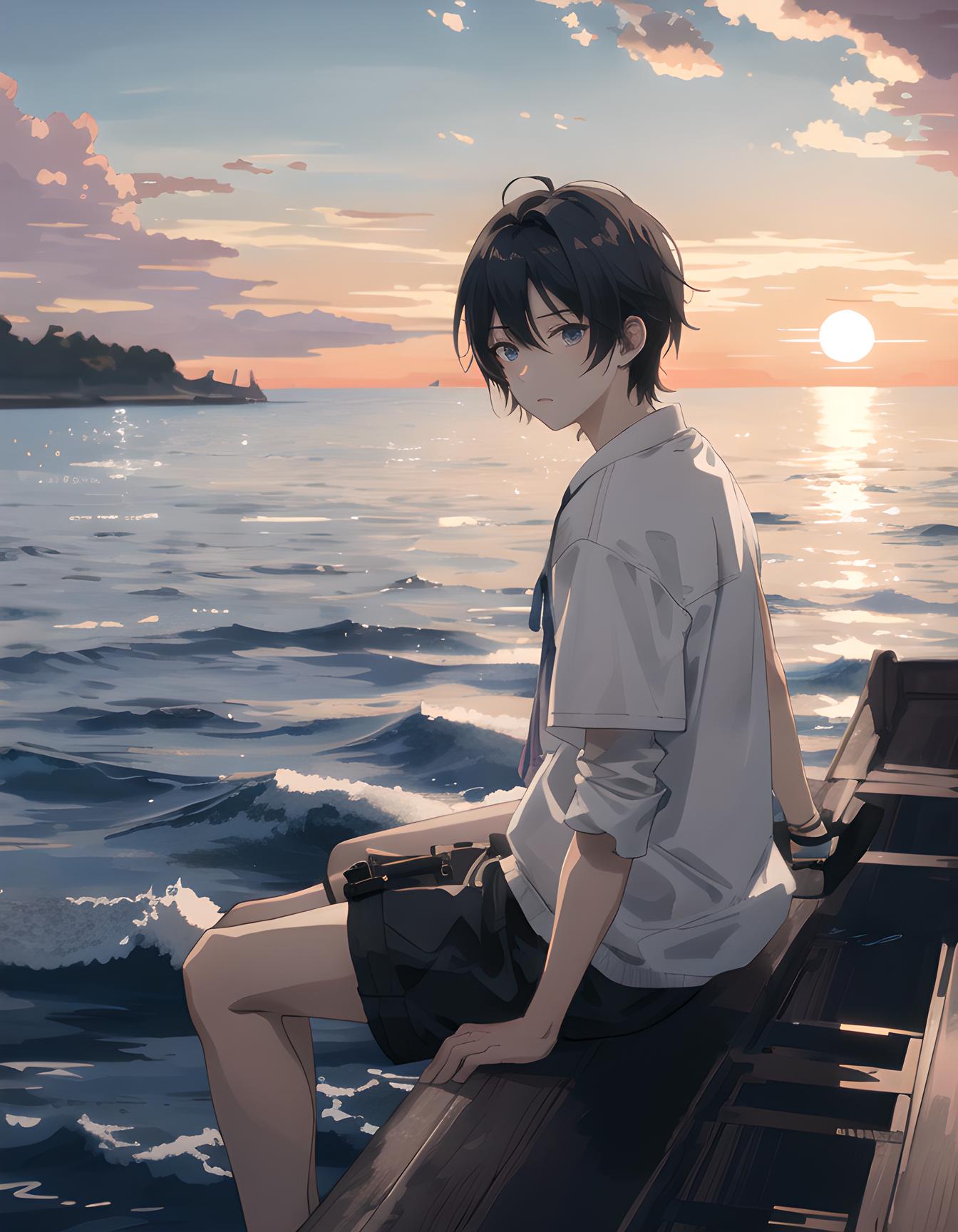 海边看夕阳的少年