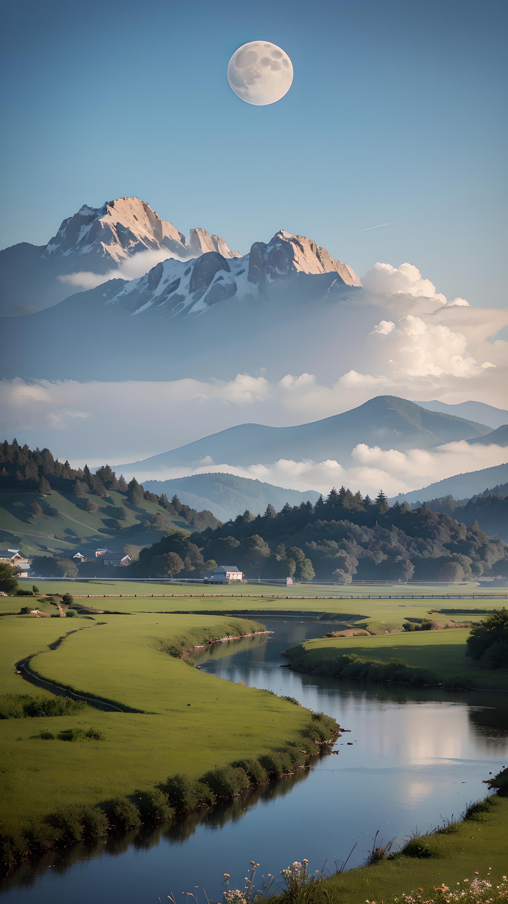 圆月、远山、小溪