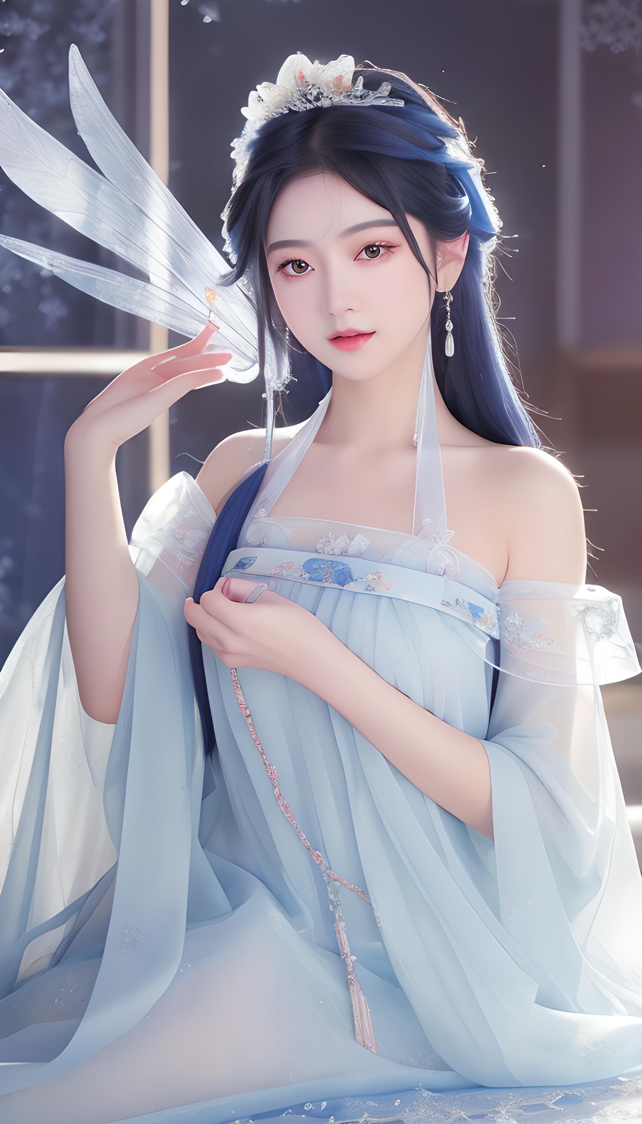 华丽冰霜露肩抹胸湛蓝轻纱裙