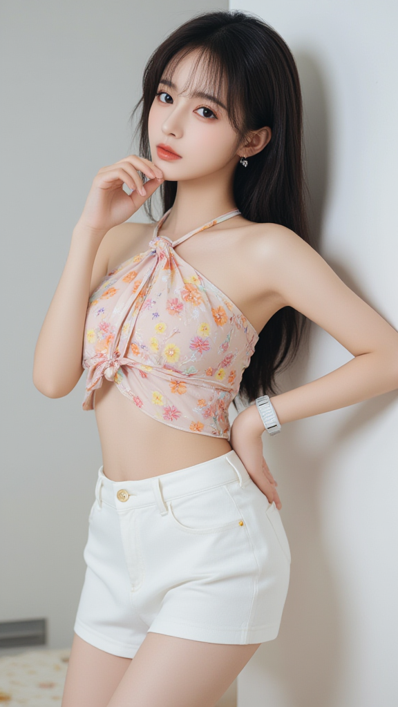 挂脖碎花上衣女孩