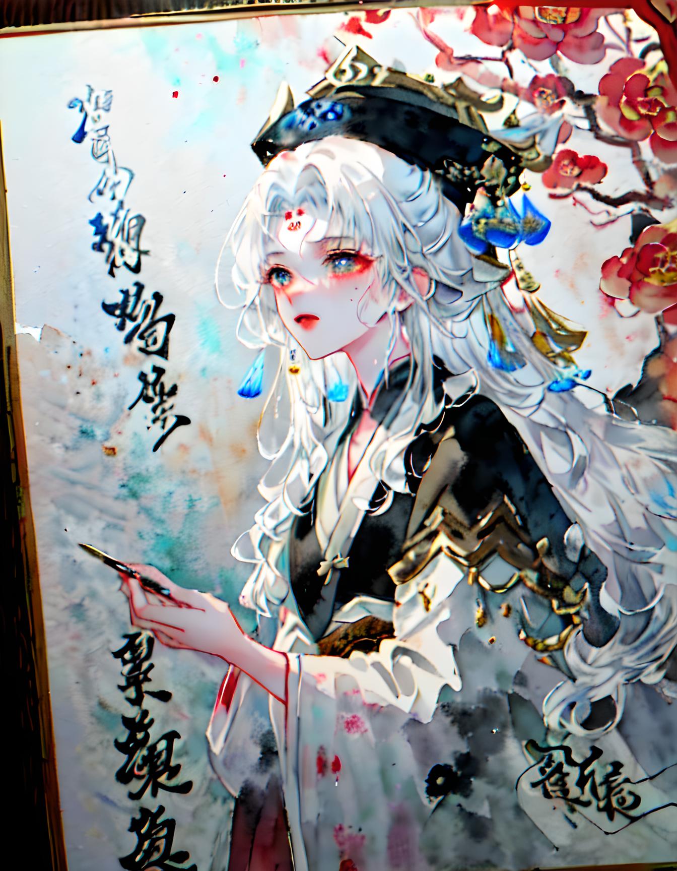 白发少女诗艺意水墨画