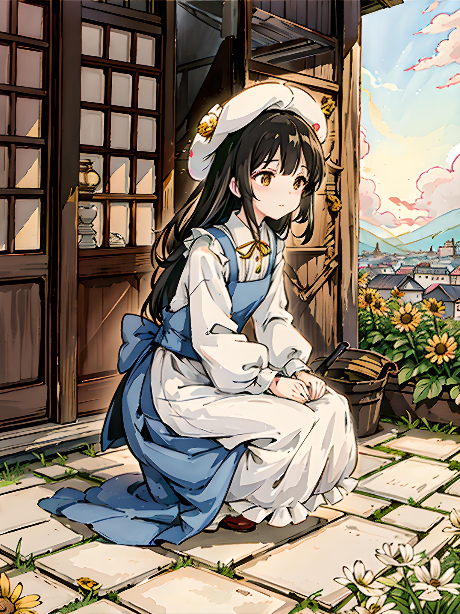 木屋前蹲下似乎在看什么的少女