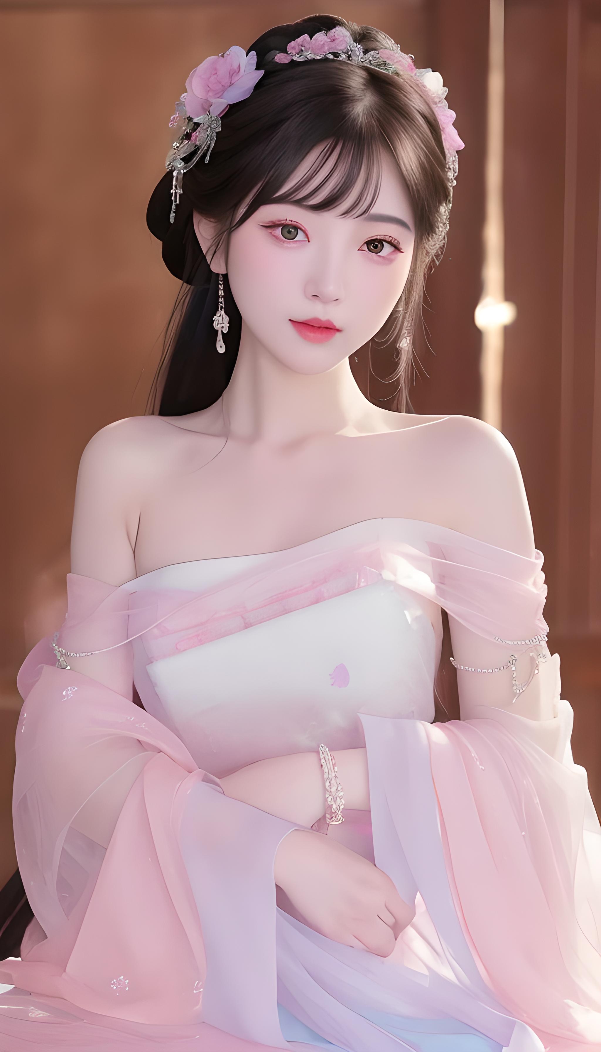 粉红甜美露肩抹胸无肩带汉服
