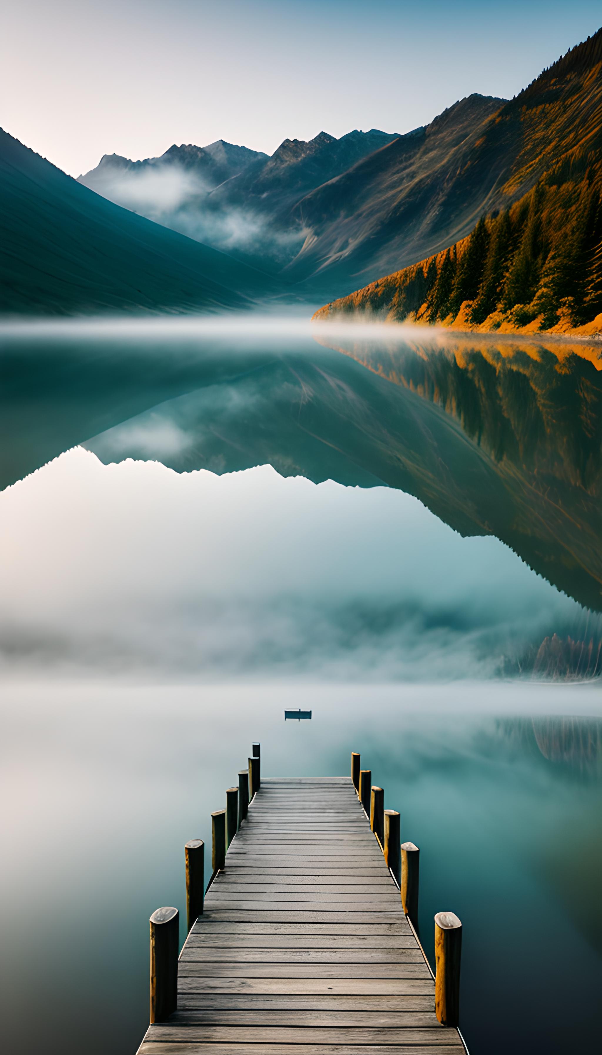 一个被群山环绕的雾蒙蒙的湖，有一个木码头