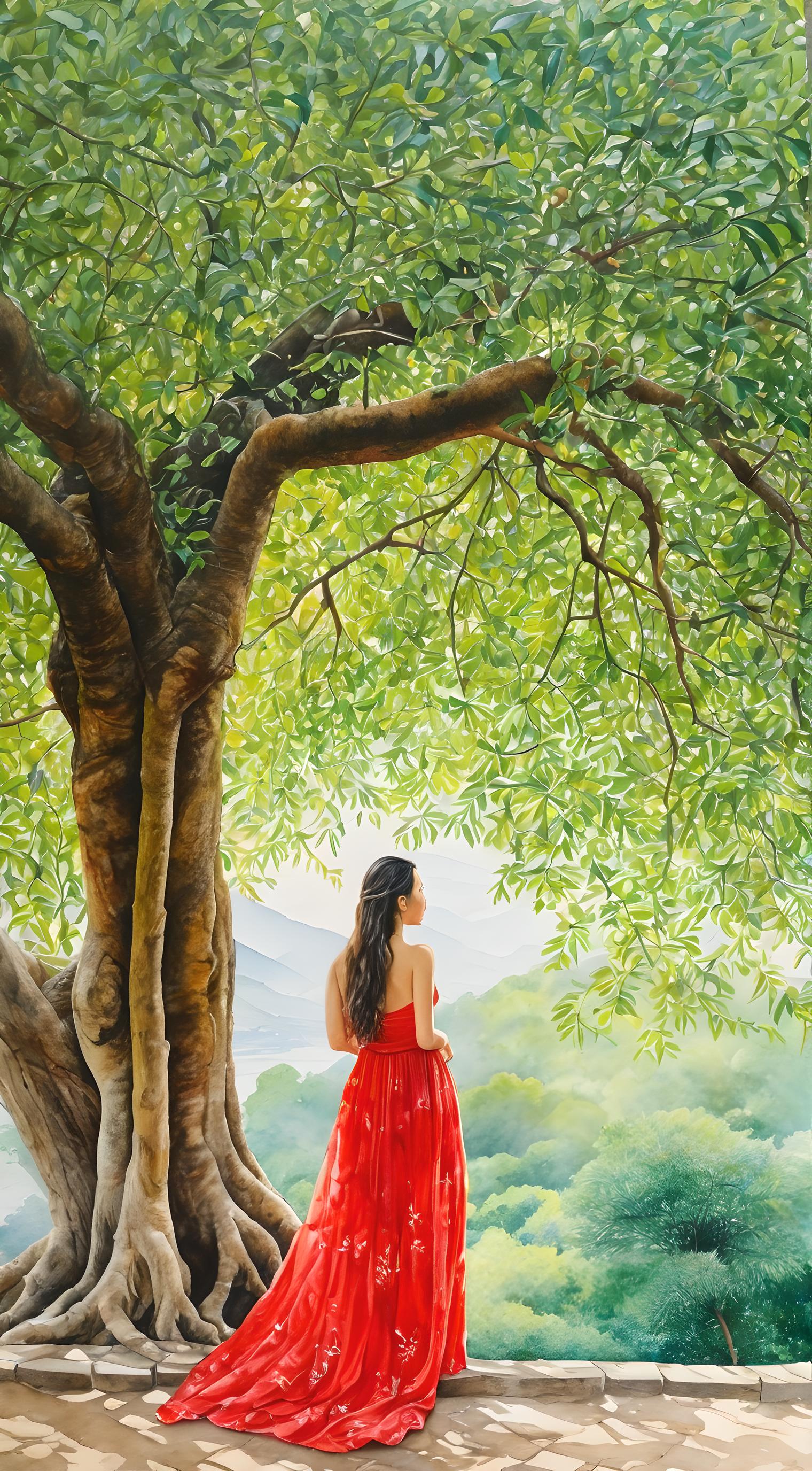 古风美女站在大树下身穿红色连衣裙的描述词