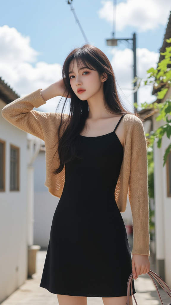黑色吊带裙女孩