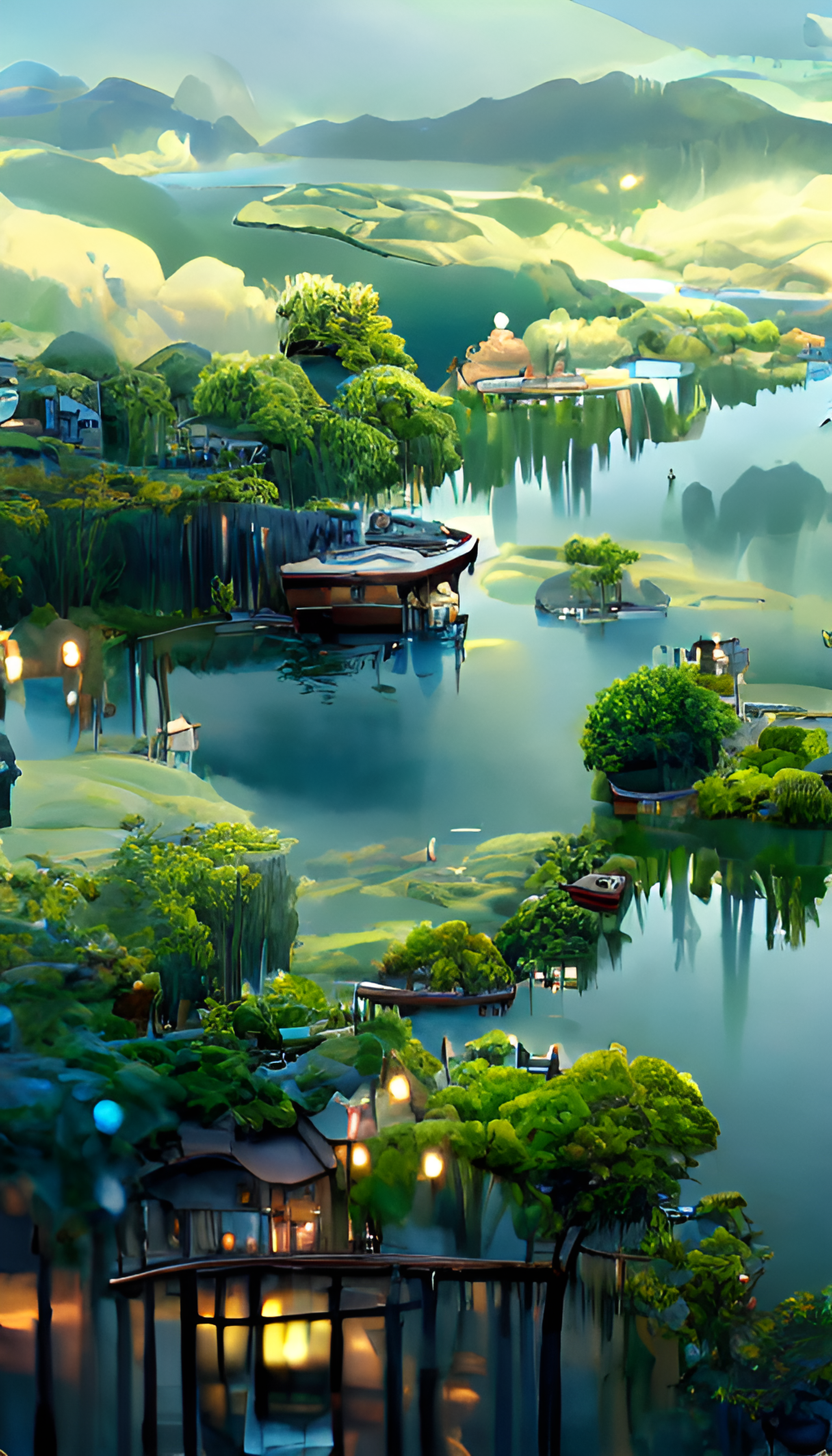风景，绿色，湖泊，房子