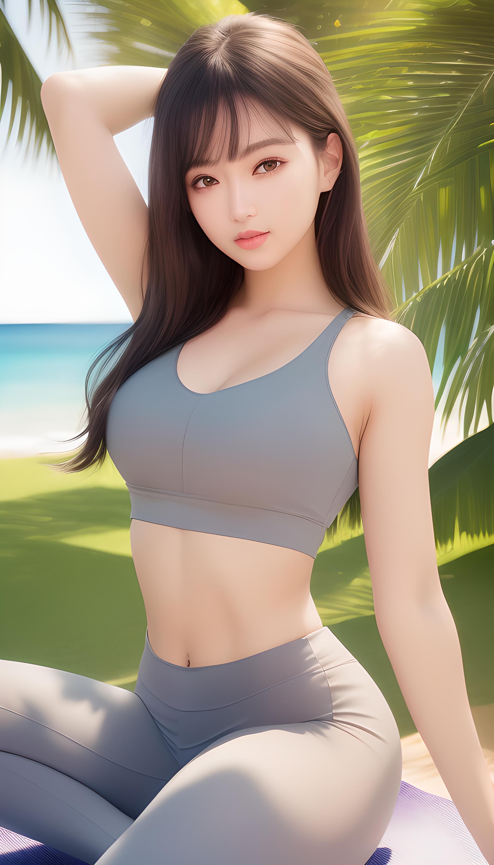 夏日阳光，椰树沙滩，瑜伽美女