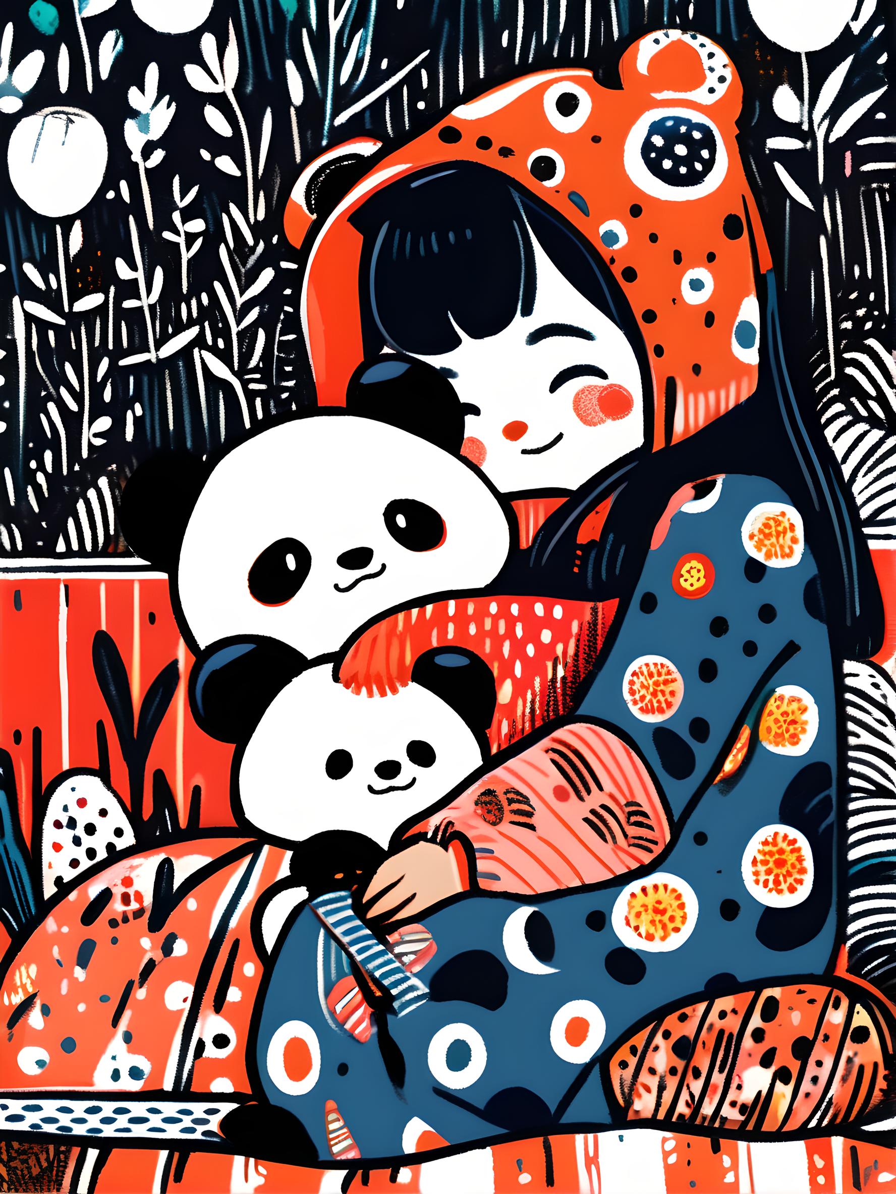插画熊猫与女孩