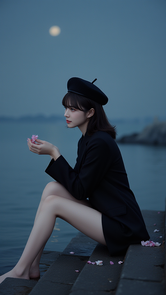 月下湖边女孩