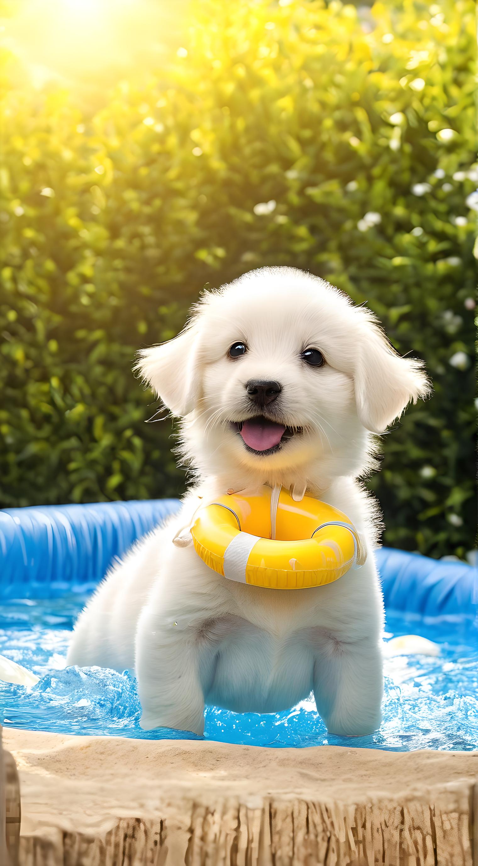白色小狗玩水