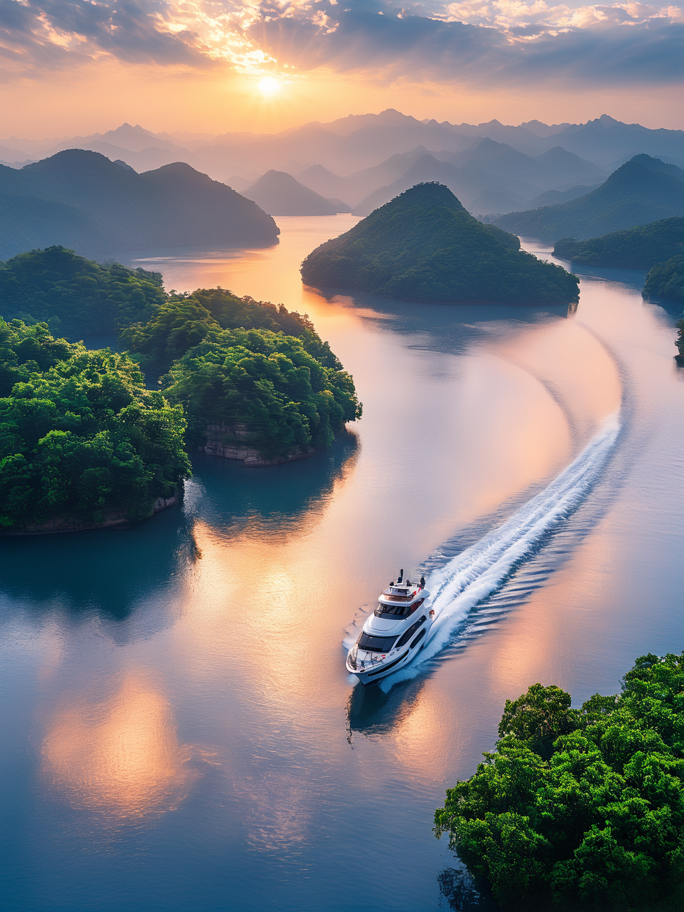 湖光岛影，梅峰晨韵