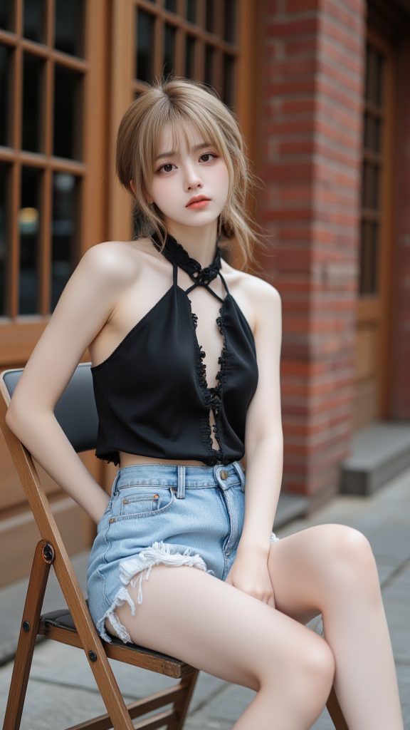 破洞牛仔短裤女孩