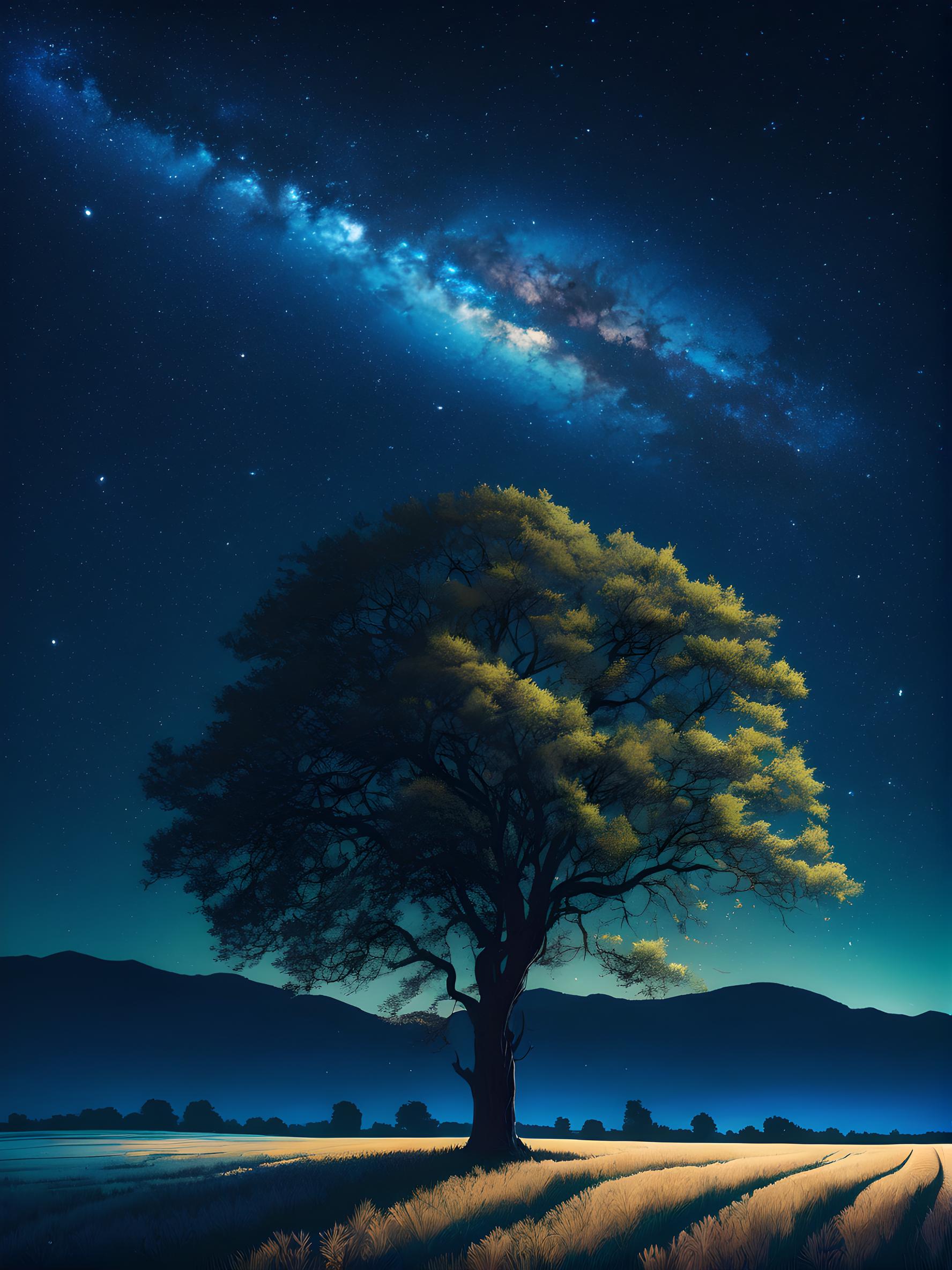 星空下的孤独树影