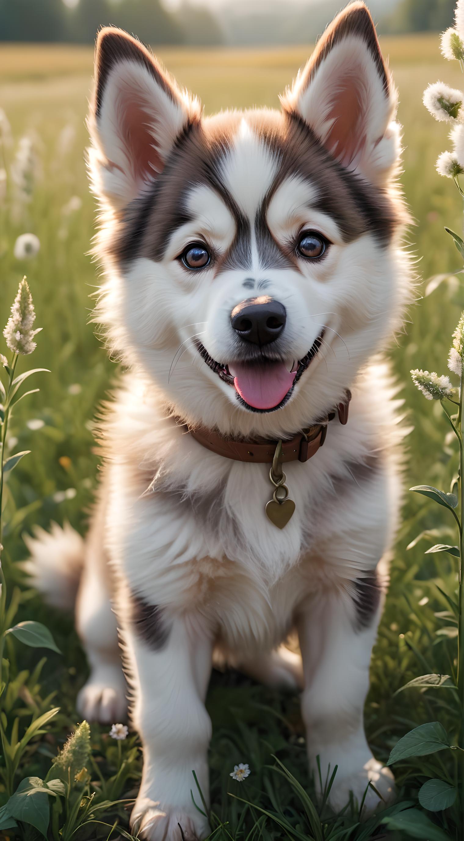 动物 可爱 哈士奇犬  草地 森林 野花