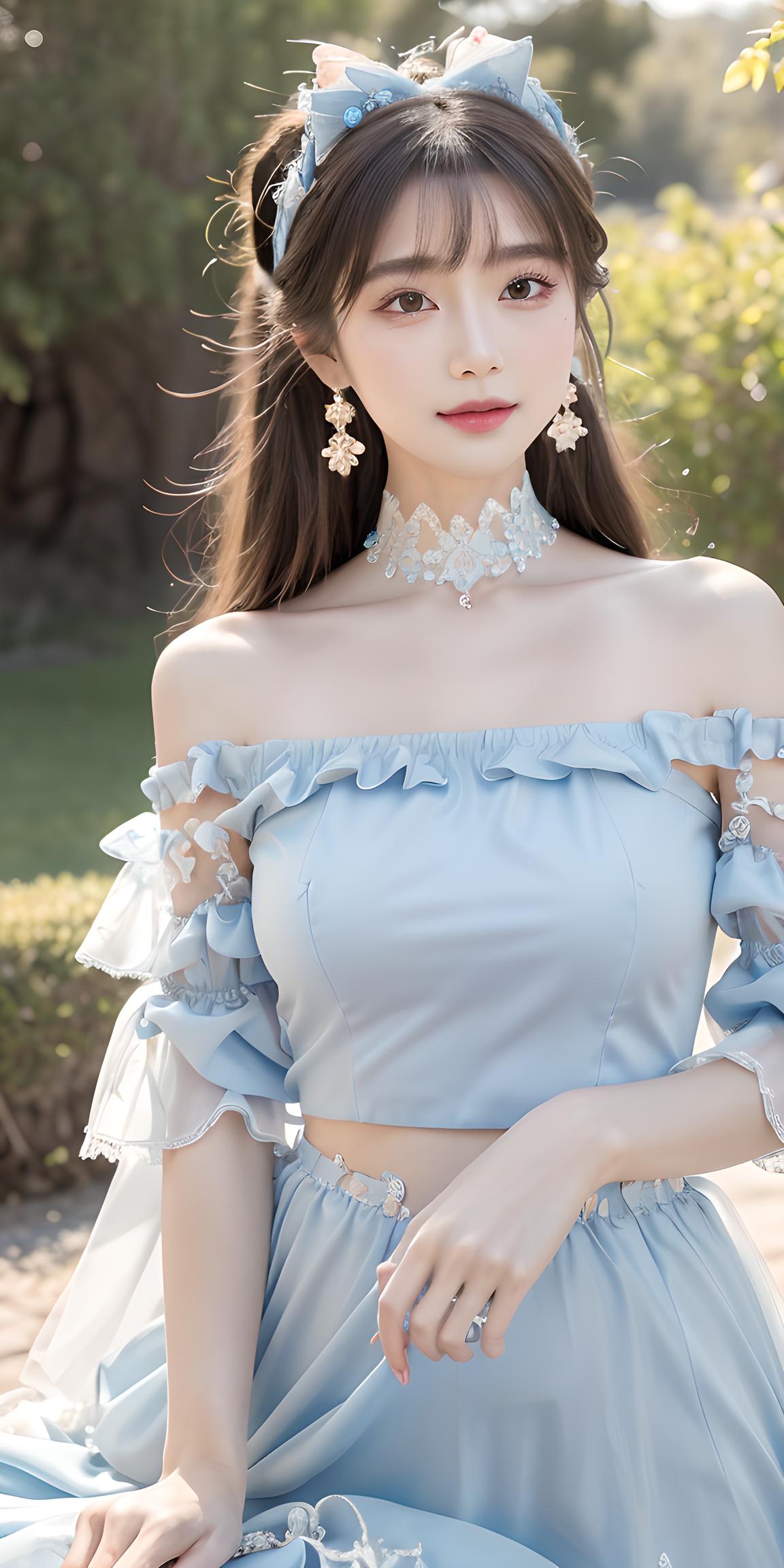 湛蓝露肩抹胸无肩带裙