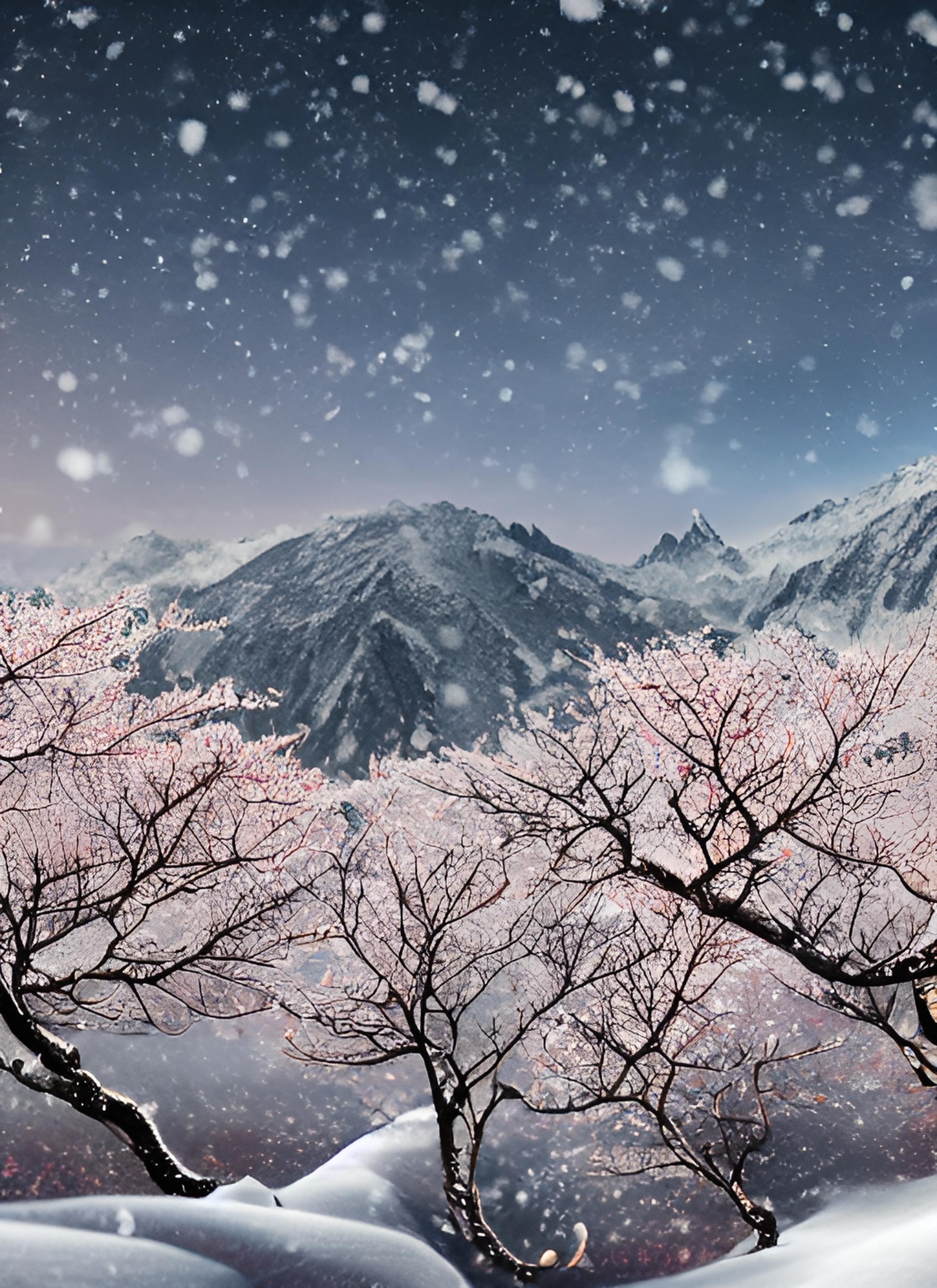 寒梅傲雪，远山青黛①