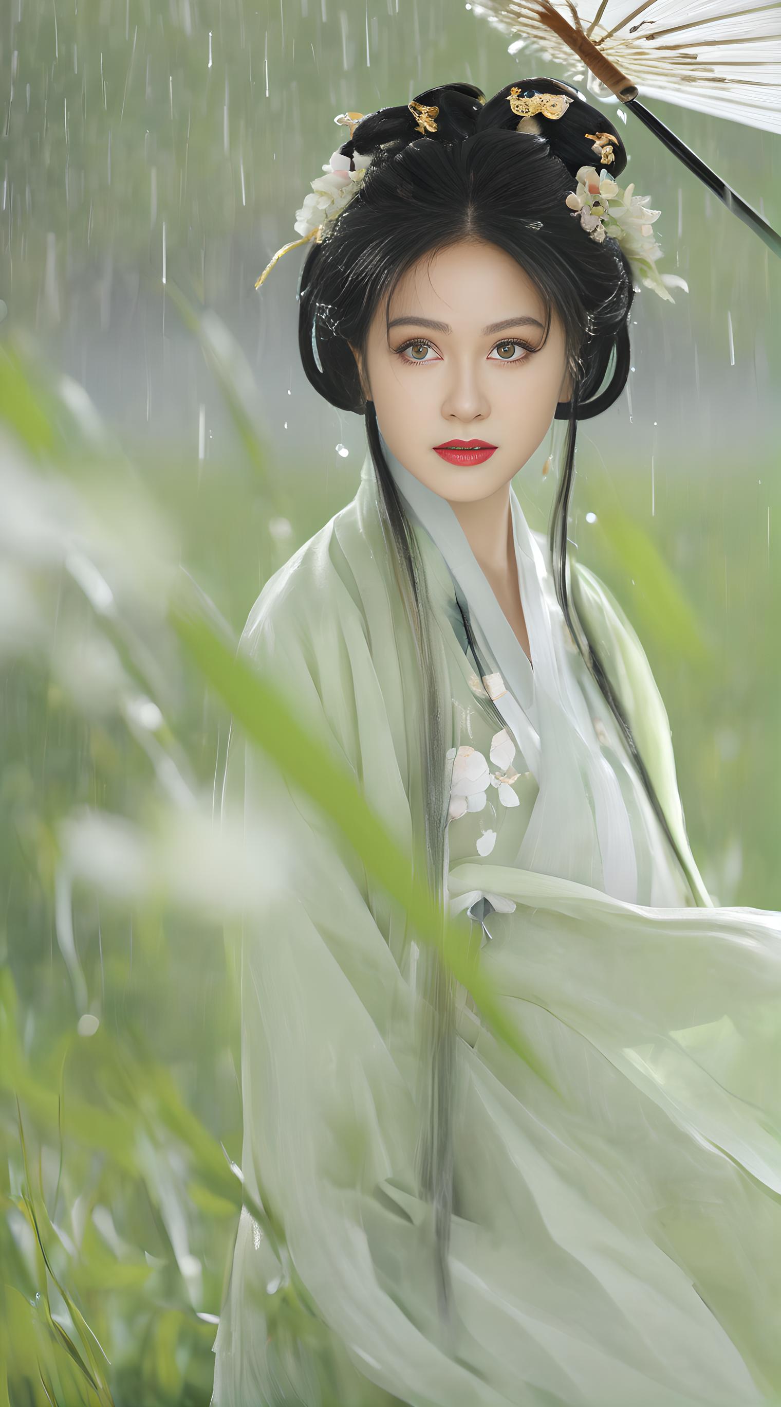 汉服少女在雨中漫步