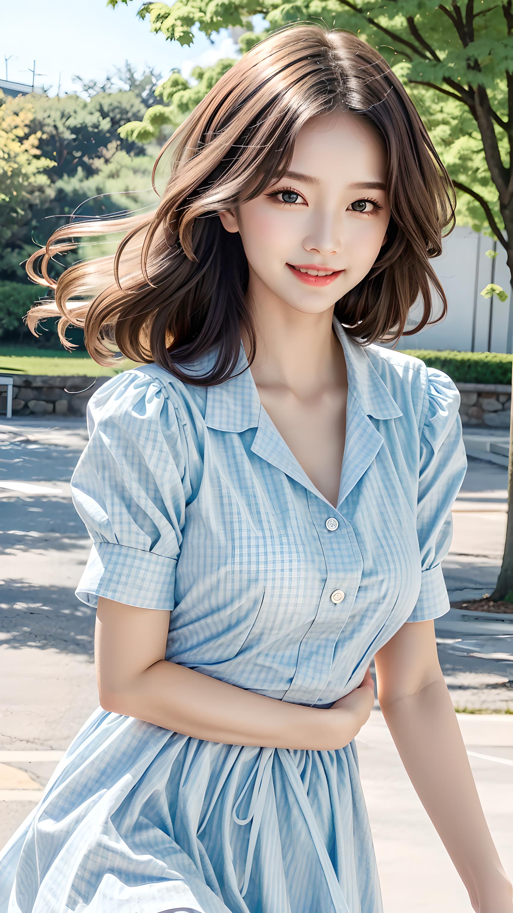 格子衬衫连衣裙大学生