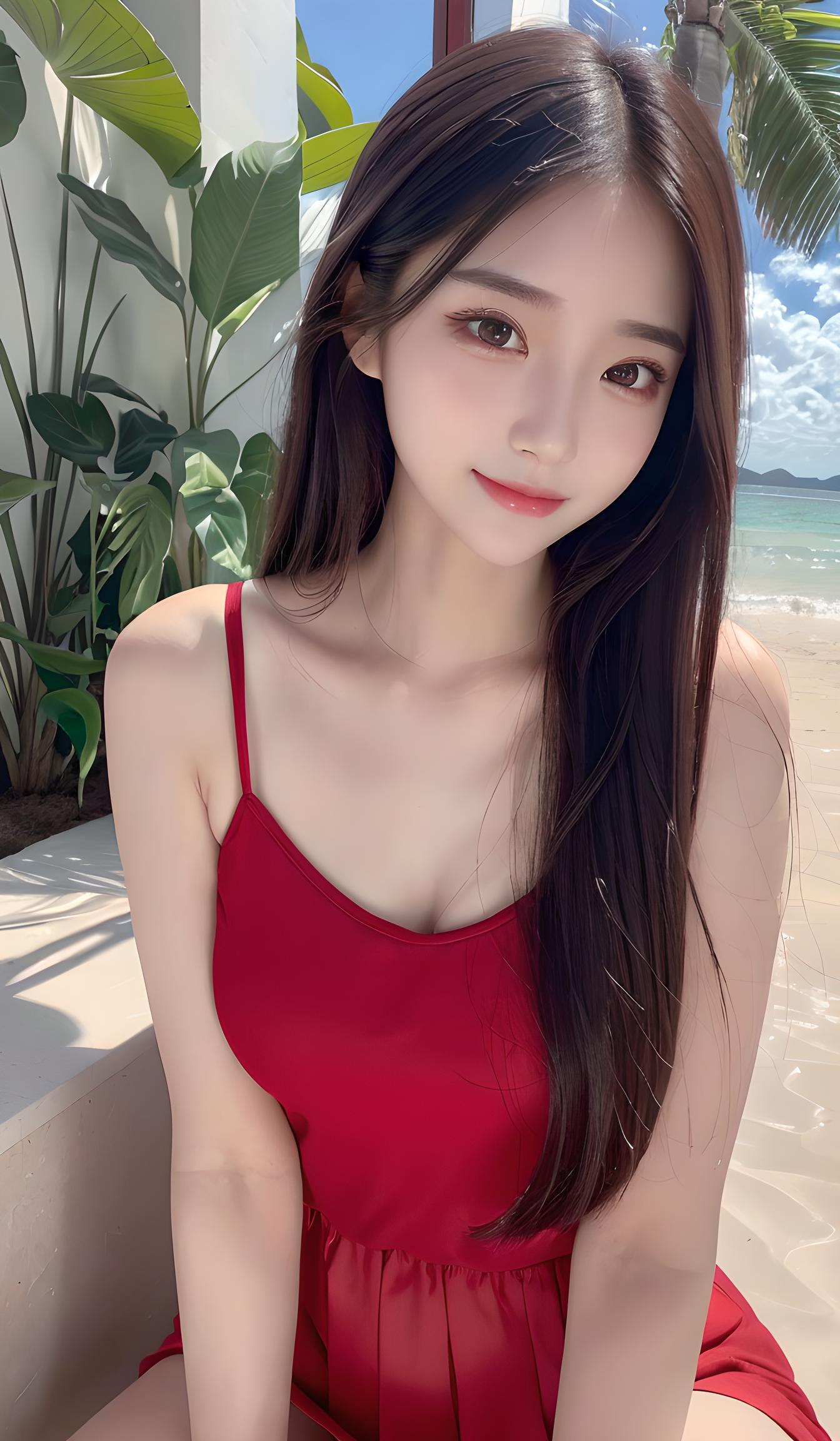 沙滩红裙女孩